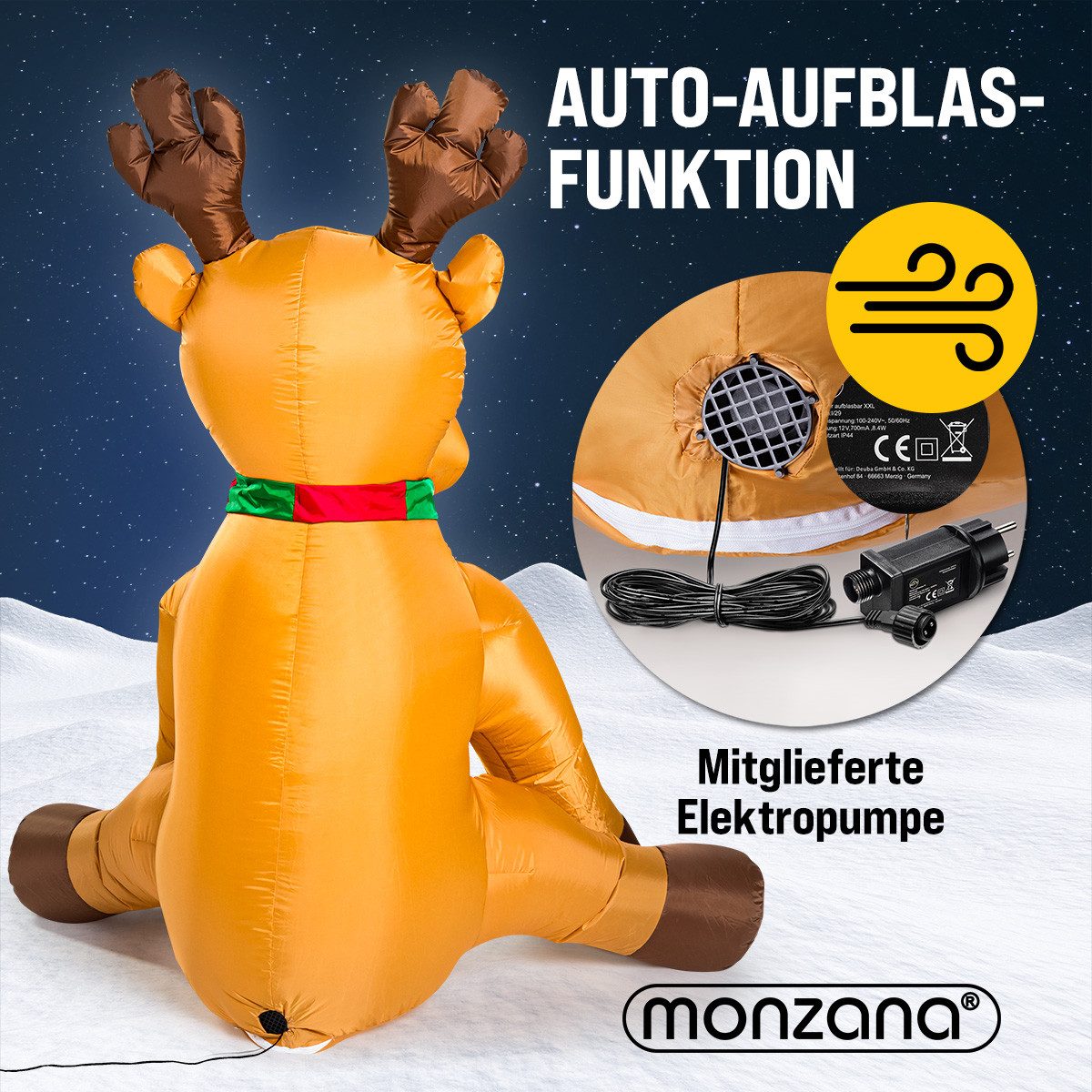 monzana Tierfigur, Aufblasbares Rentier 180cm LED Beleuchtet Befestigungsmaterial IP44