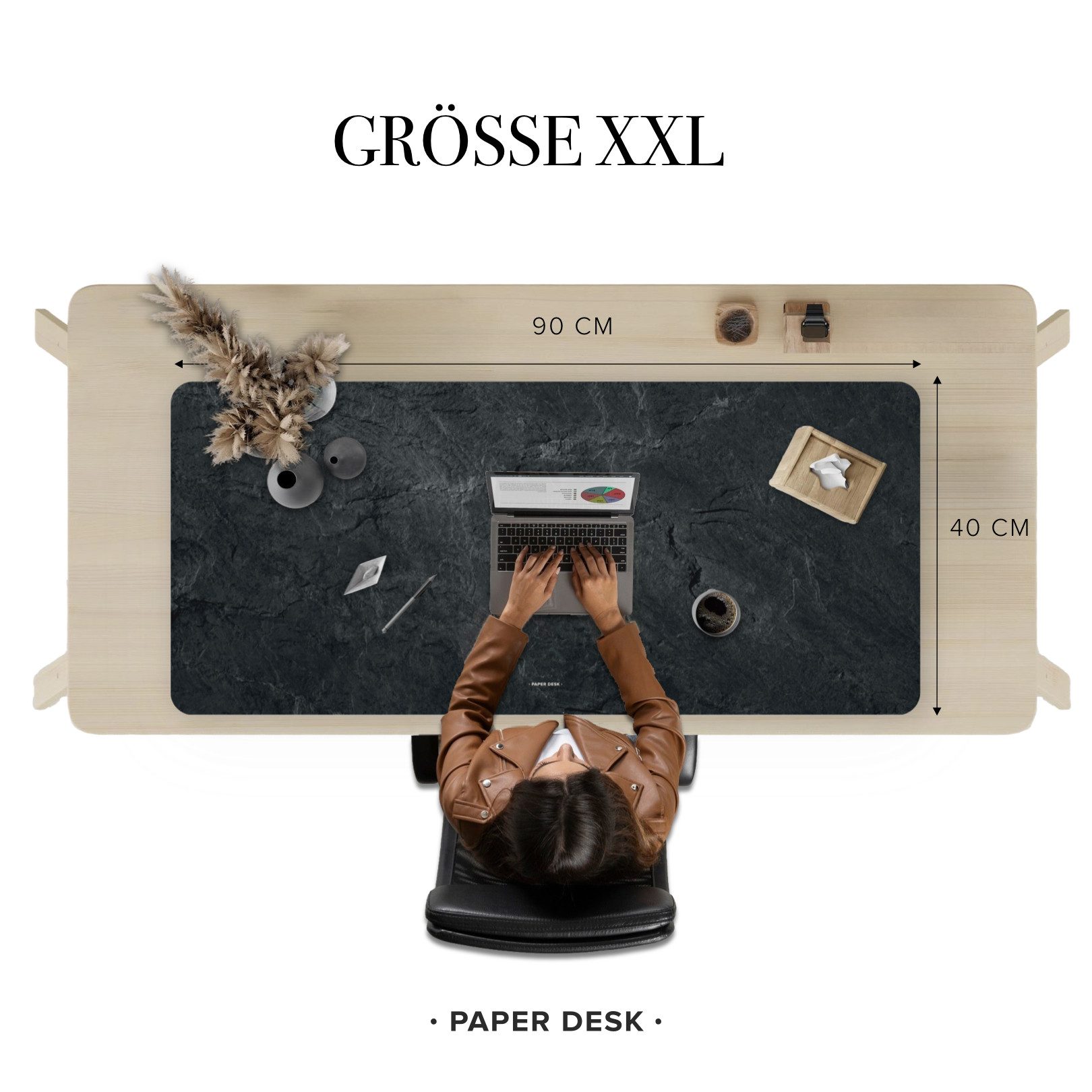 PAPER DESK Schreibtischunterlage XXL Mauspad Tischunterlage 90x40cm Desk Pad für Tastatur & Maus, (rutschfest & wasserabweisend, ultrasanfte Oberfläche – stilvolle Schreibtischmatte für Büro & Homeoffice)