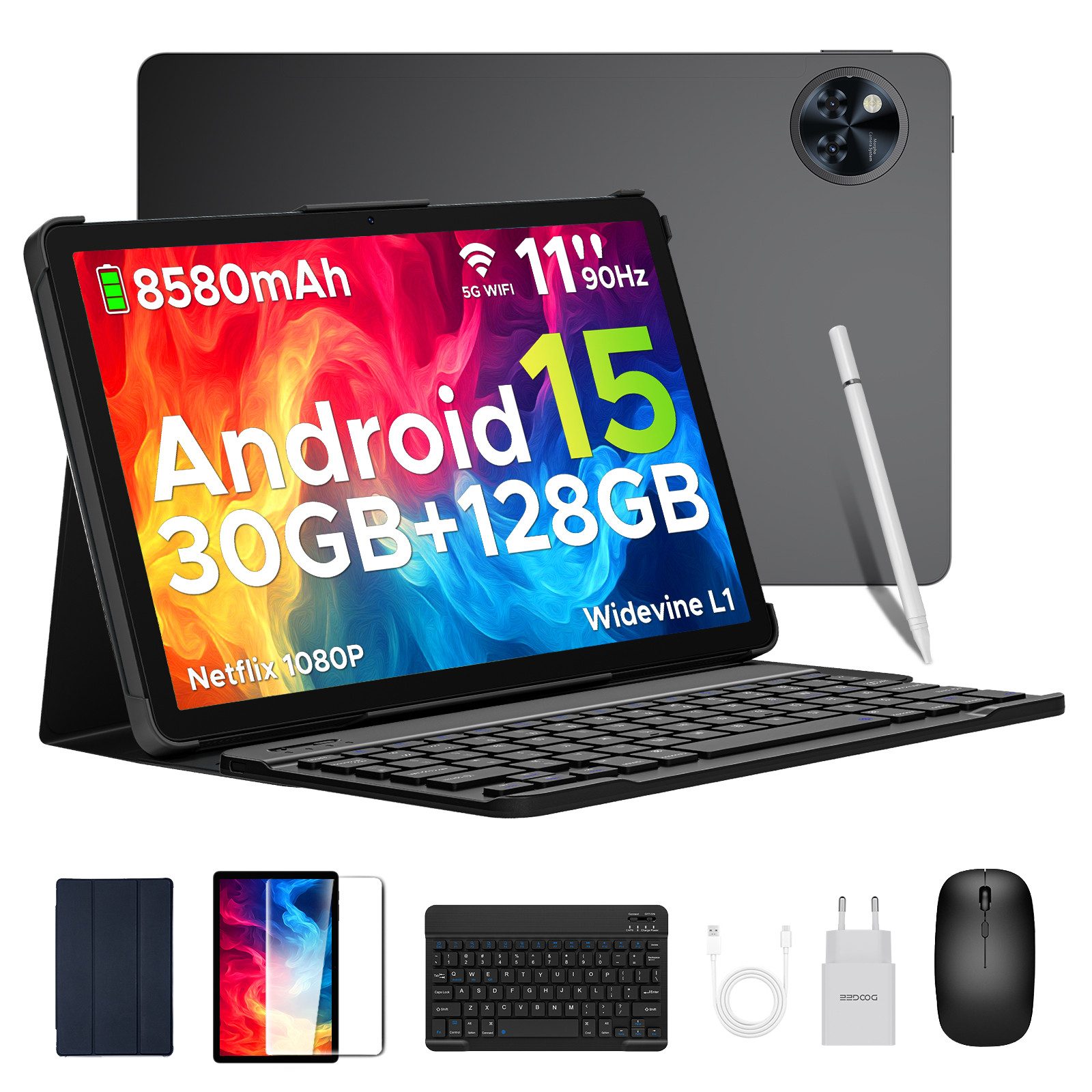 DOOGEE U11 Pro Android 15 Tablet mit Tastatur, Stift, Maus, Hülle, 11 Zoll Tablet (11", 256 GB, Android 15, WIFI, 8580mAh, 90Hz, 13MP+5MP, 5G WiFi/Widevine L1/ GPS/Face ID/OTG)