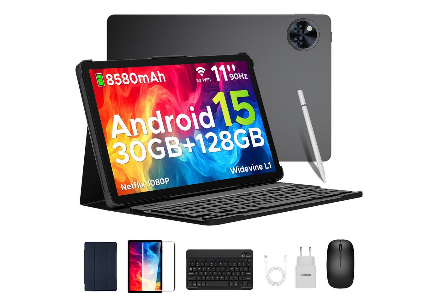 DOOGEE U11 Pro Android 15 Tablet mit Tastatur, Stift, Maus, Hülle, 11 Zoll Tablet (11", 256 GB, Android 15, WIFI, 8580mAh, 90Hz, 13MP+5MP, 5G WiFi/Widevine L1/ GPS/Face ID/OTG)