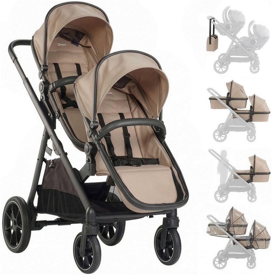 BabyGo Zwillings-Kombikinderwagen Duo, (Set), inkl. Wickeltasche u. 2 Regenhauben