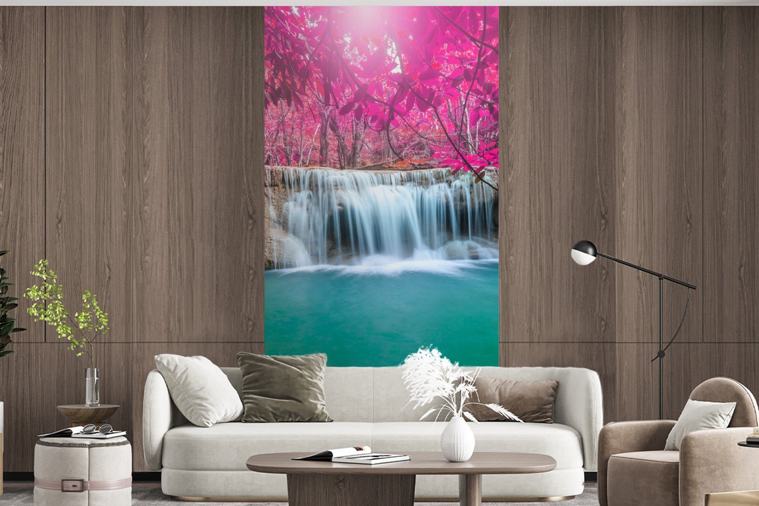 - Wasserfall Vliestapete (2 Natur, Fototapete für St), Baum Rosa bedruckt, Küche, Fototapete Wohnzimmer Schlafzimmer - - Matt, MuchoWow