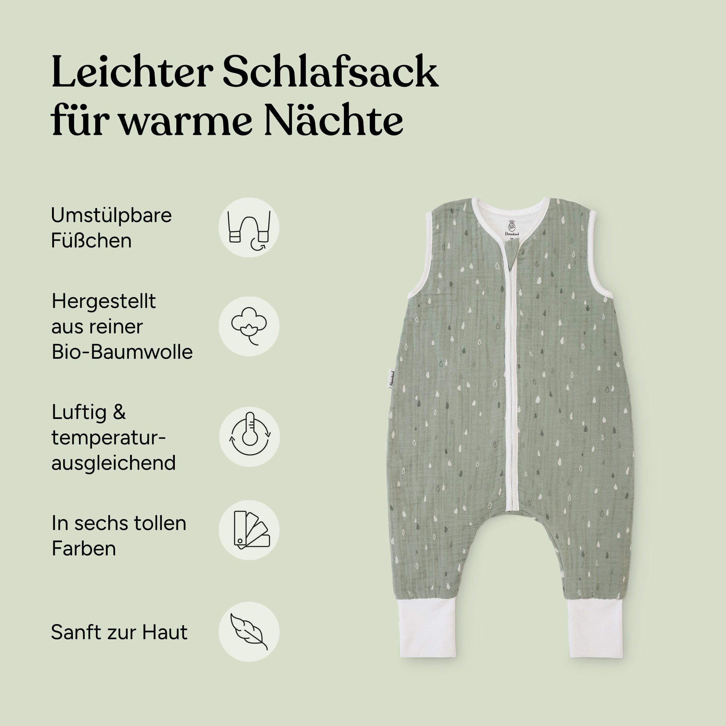 Ehrenkind Babyschlafsack aus Musselin, Premium Schlafsack mit Füßen (Standard by OEKO-TEX, 100% Bio-Baumwolle, Musselin Schlafsack, 1.0 TOG), Schlafsack Baby,  Baby Schlafsack