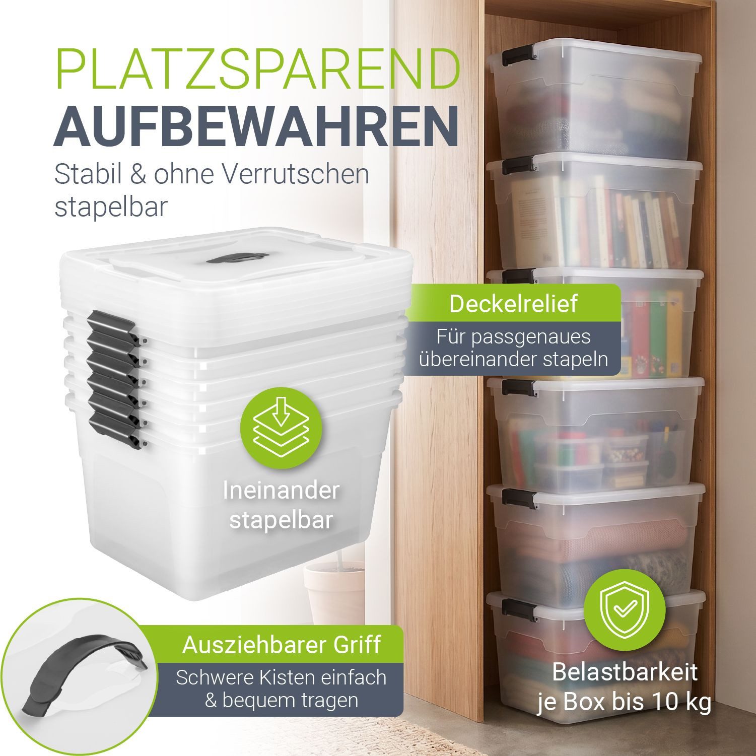 Juskys Aufbewahrungsbox (6 St), stabil, verschließbar und pflegeleicht