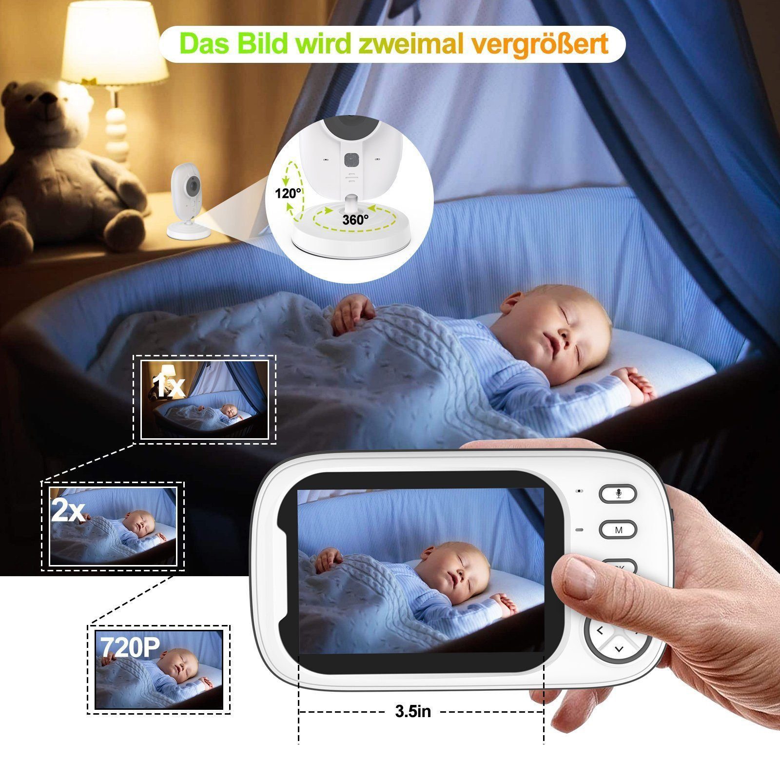 FELIXLEO Babyphone Babyphone Babyphone mit Kamera 3.5"LCD Bildschirm 360° Blickwinkel, 1-tlg.