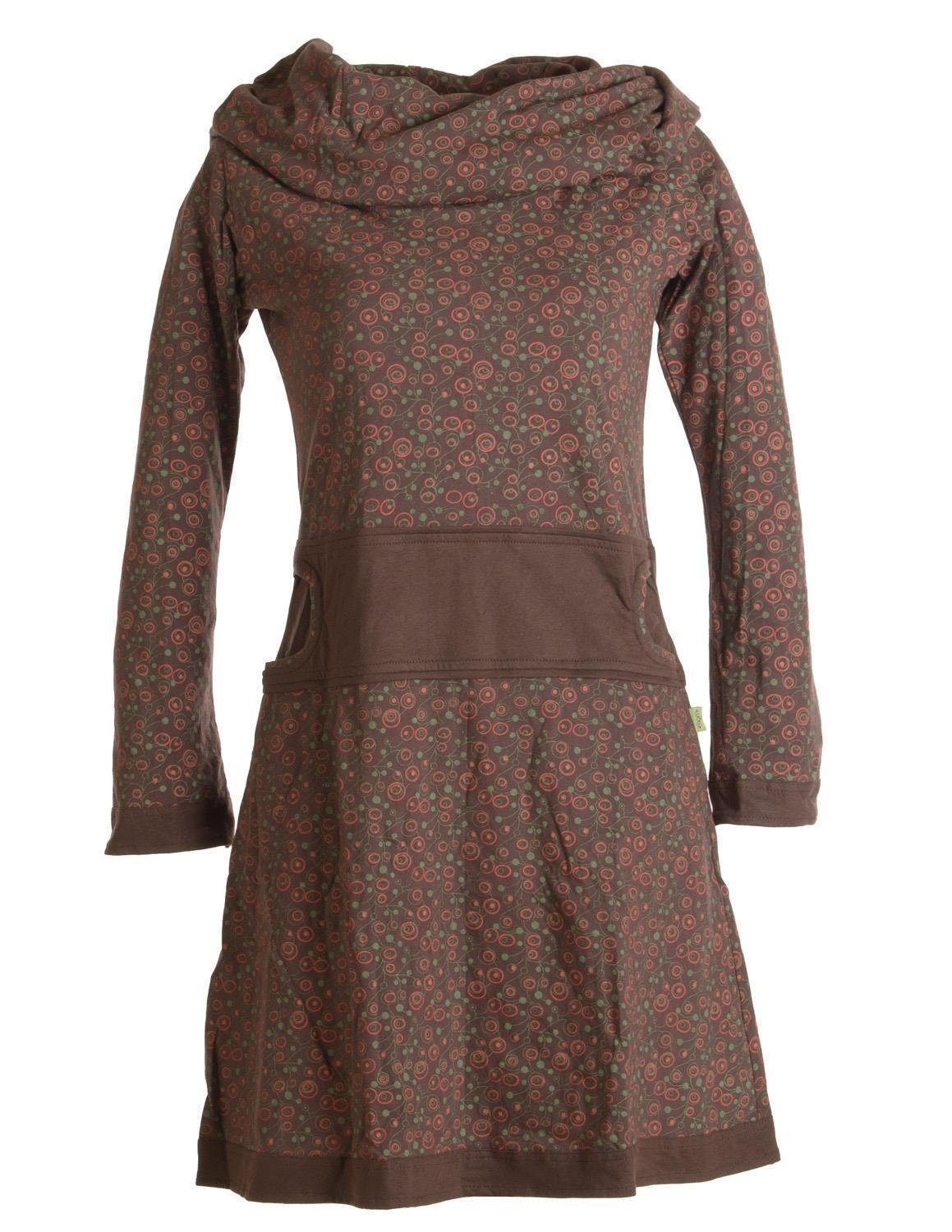 Vishes Jerseykleid Bedrucktes Kleid aus Baumwolle mit Schalkragen Ethno, Goa, Boho, Hippie Style dunkelbraun