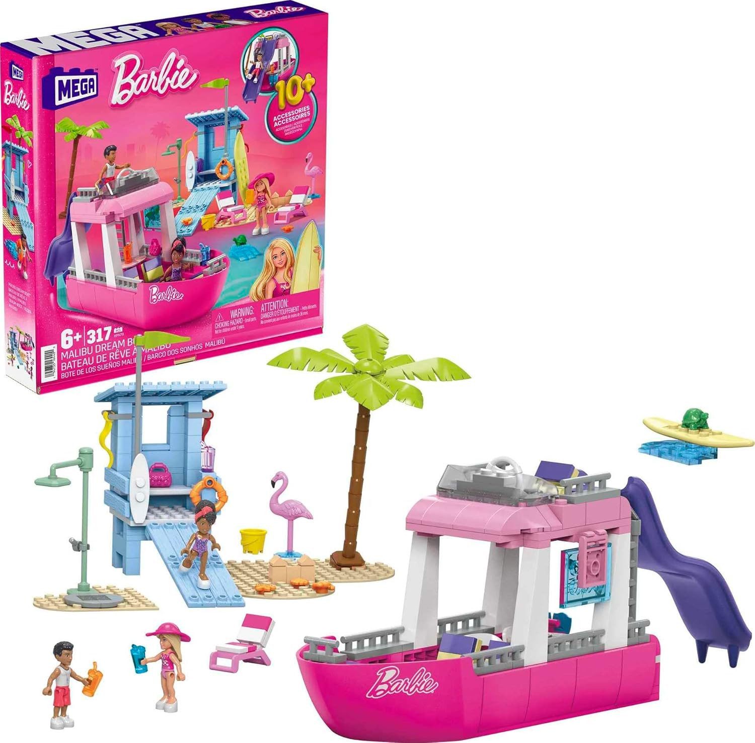 Mattel® Spielzeug-Auto Barbie Malibu Traumboot Bauset 317 Teilen + 3 Barbie Puppen 6+ HPN79
