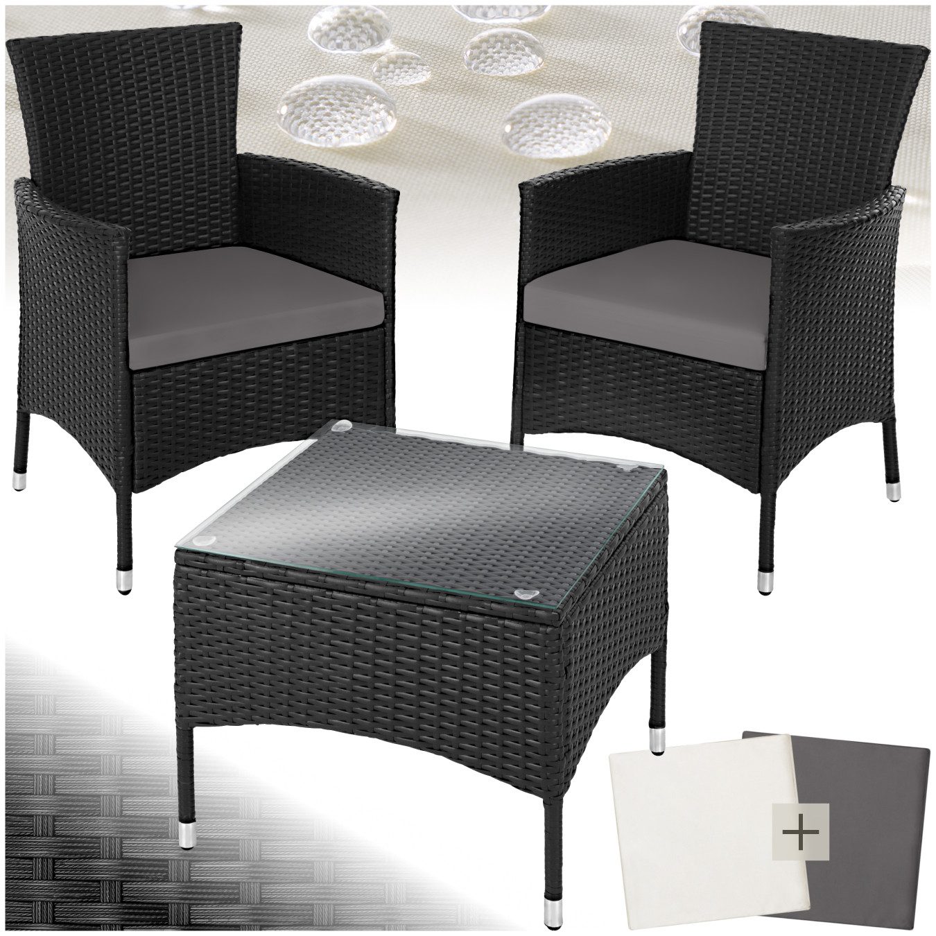 tectake Sitzgruppe Rattan Gartenset für 2 Personen, 2 Bezugssets, (Loungeset Luzern, 5-tlg., für Außen in Schwarz), widerstandsfähig, UV-beständig, mit Sicherheitsglasplatte