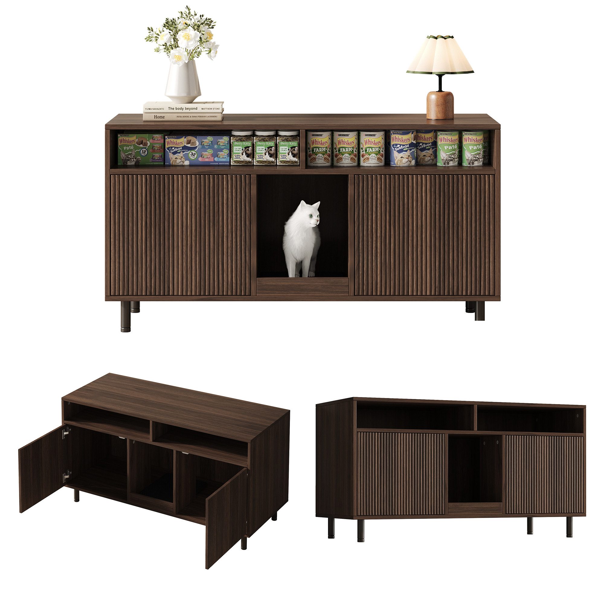 Celya Sideboard Katzentoiletten-Schrank/Katzenstreuwanne-Schrank mit Sandauffangmatte (ohne Katzenstreuwanne, 120x50x66cm, Nussbaumfarbe), Haustier-Schrank mit Ablage, Haustier-Sideboard/TV-Schrank