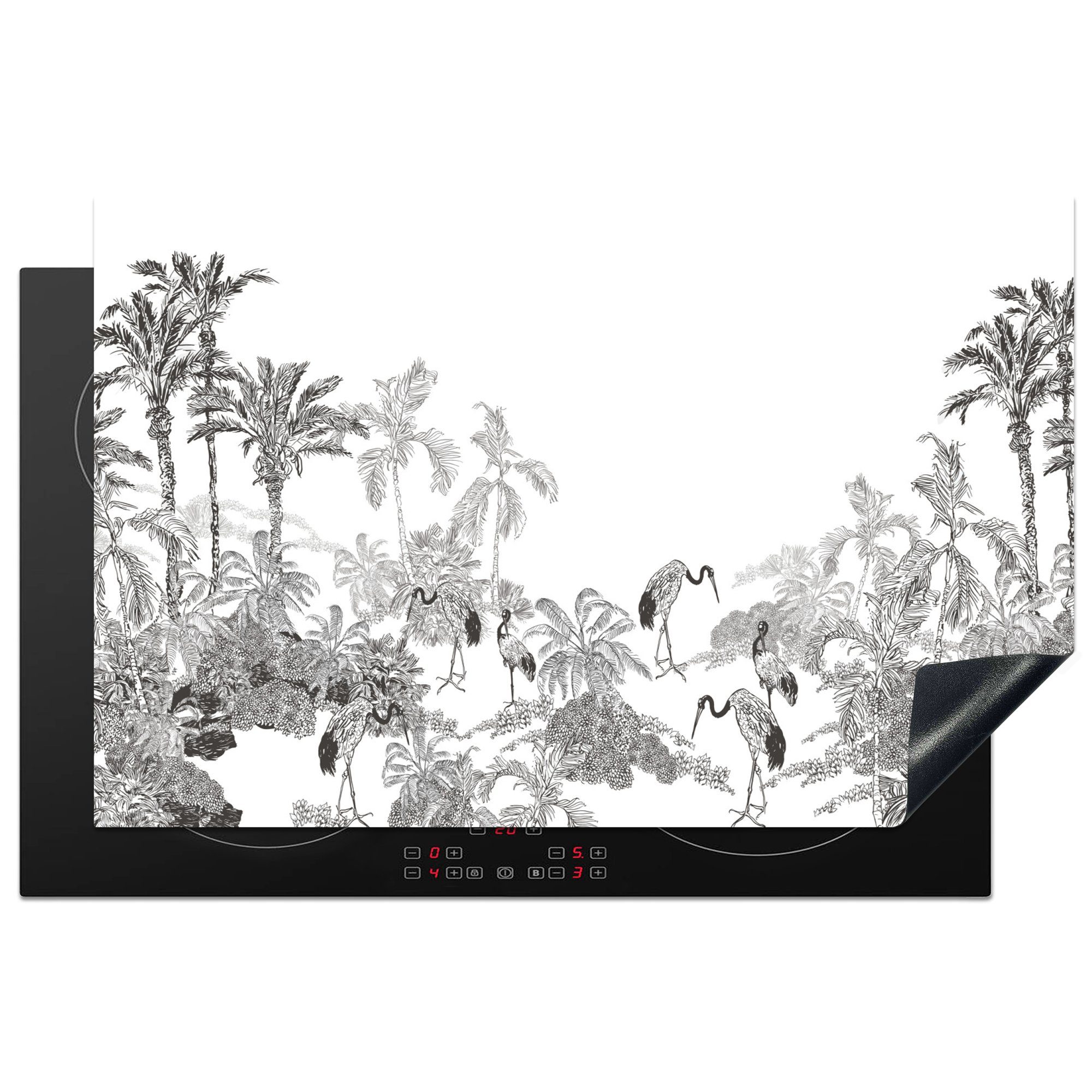 MuchoWow Herdblende-/Abdeckplatte Dschungel - Vögel - Schwarz - Weiß, Vinyl, (1 tlg), 81x52 cm, Induktionskochfeld Schutz für die küche, Ceranfeldabdeckung | Herdabdeckplatten