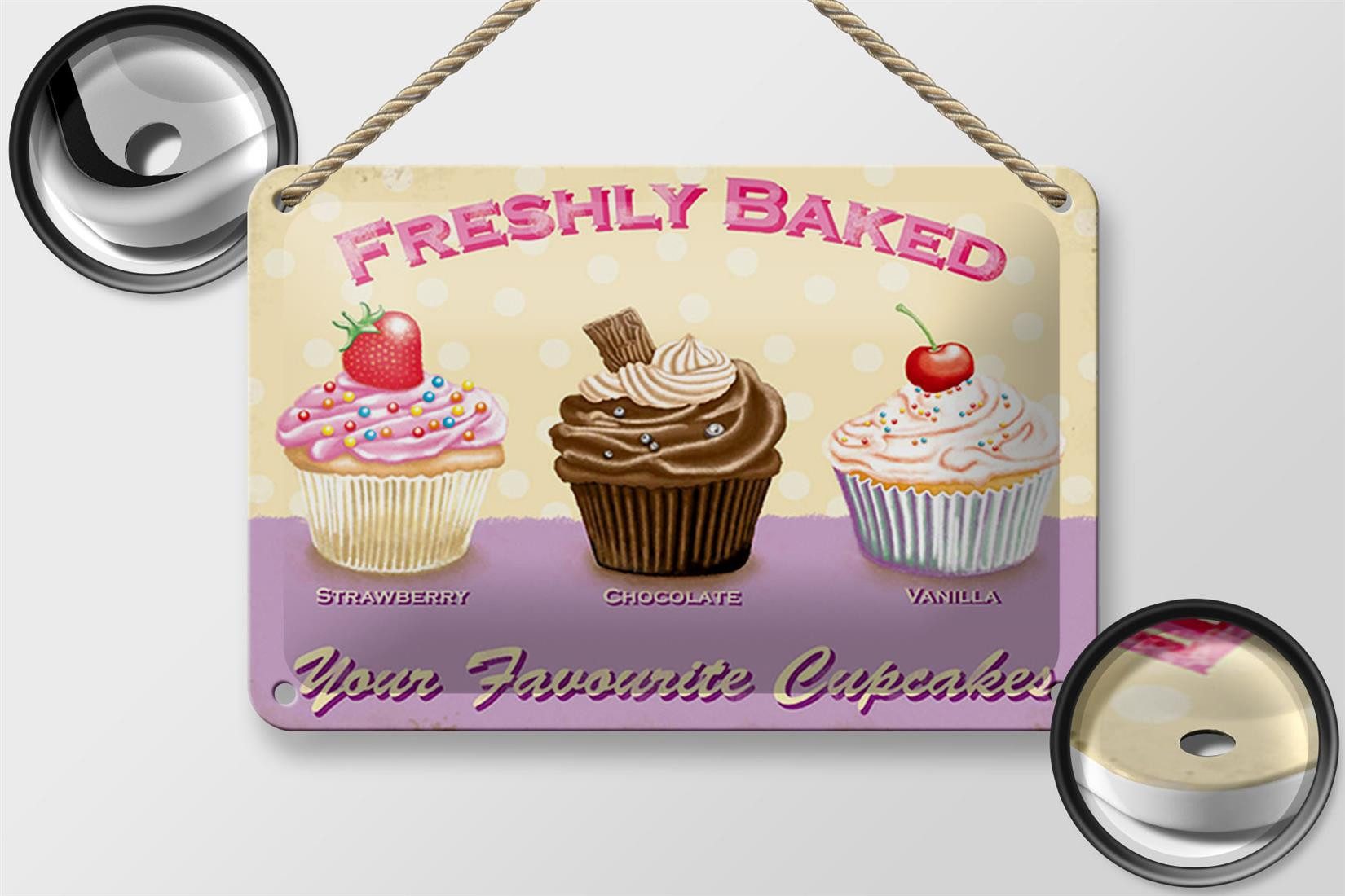 Femer GmbH Metallschild Spruch 18x12cm baked your favourite cupcakes, (1 St), gewölbte Oberfläche, abgerundete Ecken, umgeschlagene Kanten