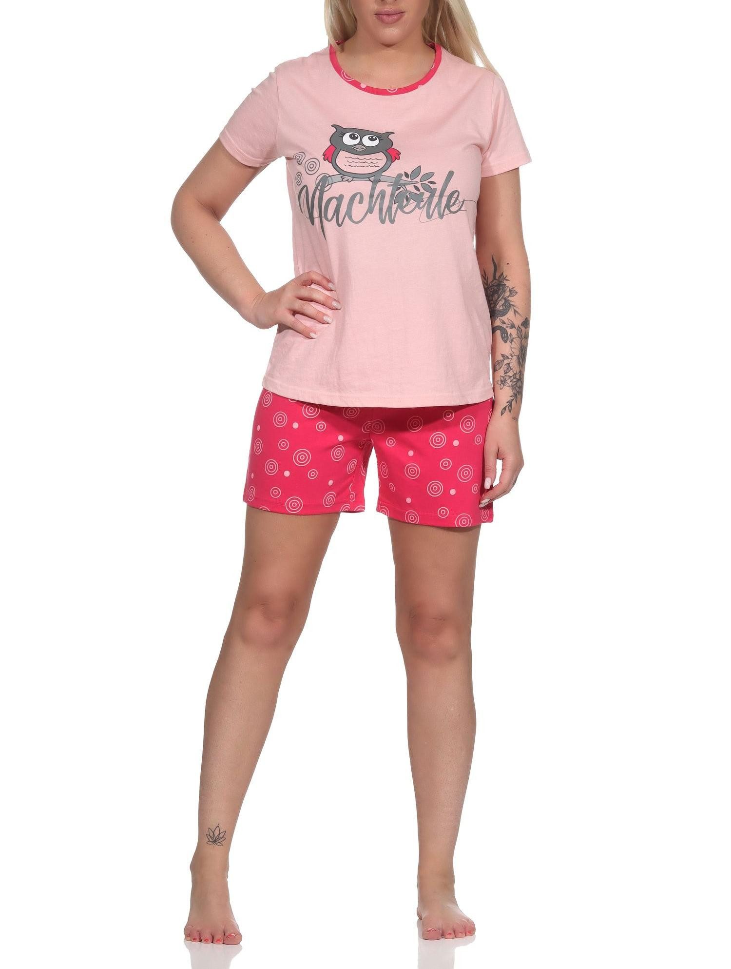 Pyjama Süßer Damen Shorty Schlafanzug kurzarm mit Eulen-Motiv und Punkten