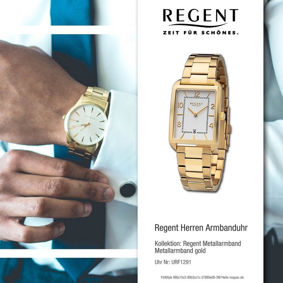 Regent Quarzuhr Regent Herren Armbanduhr Analog, Herrenuhr Metallarmband  gold, rundes Gehäuse, groß (ca. 28,5x41,5mm)