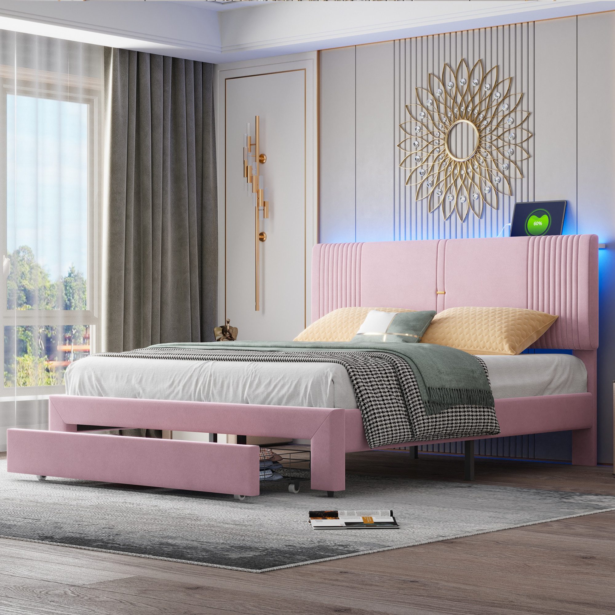 REDOM Polsterbett mit Lichtleiste und USB-Buchse,Doppelbett günstig online kaufen