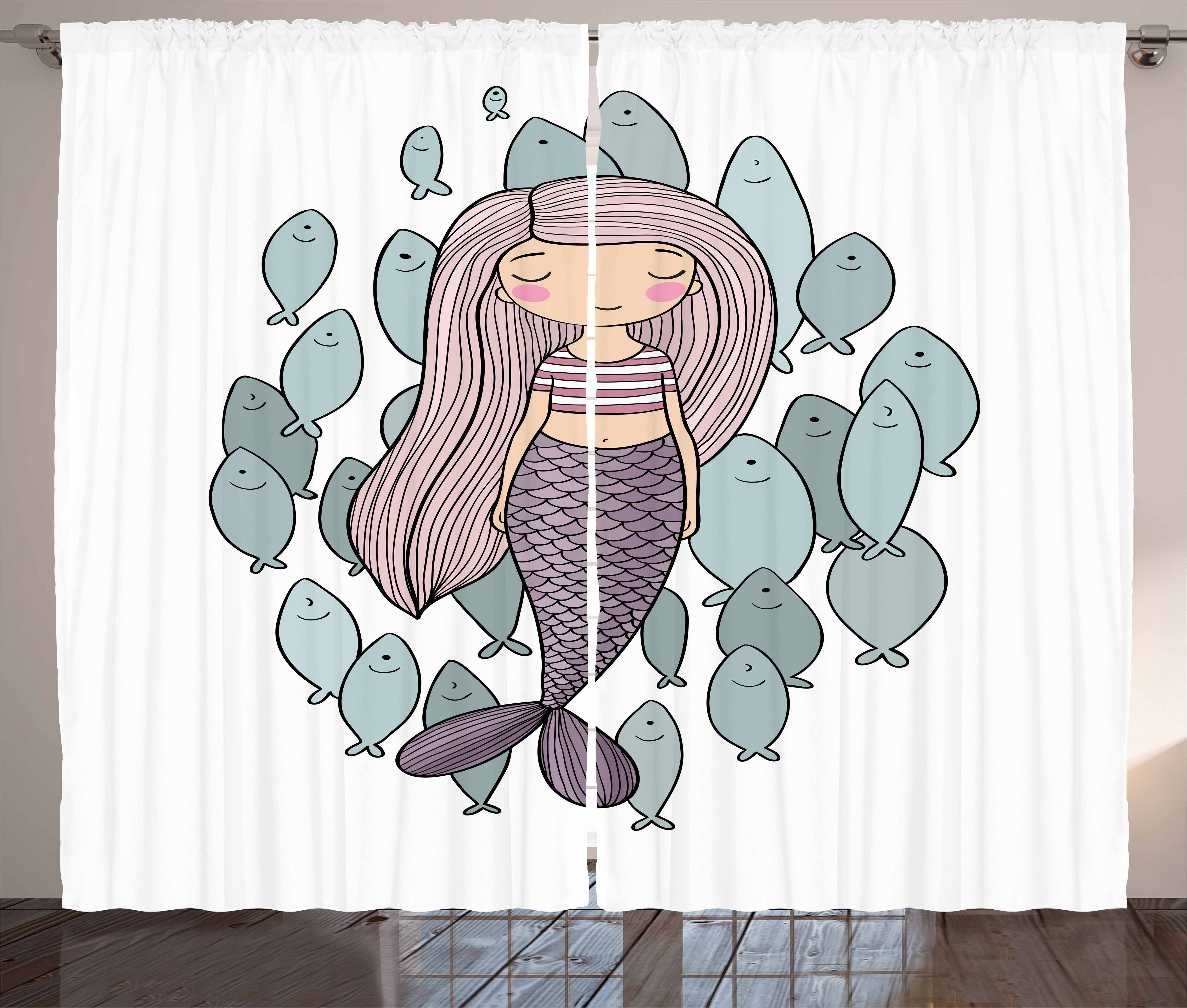 Gardine Schlafzimmer Kräuselband Vorhang mit Schlaufen und Haken, Abakuhaus, Meerjungfrau Karikatur-Mädchen mit Fisch