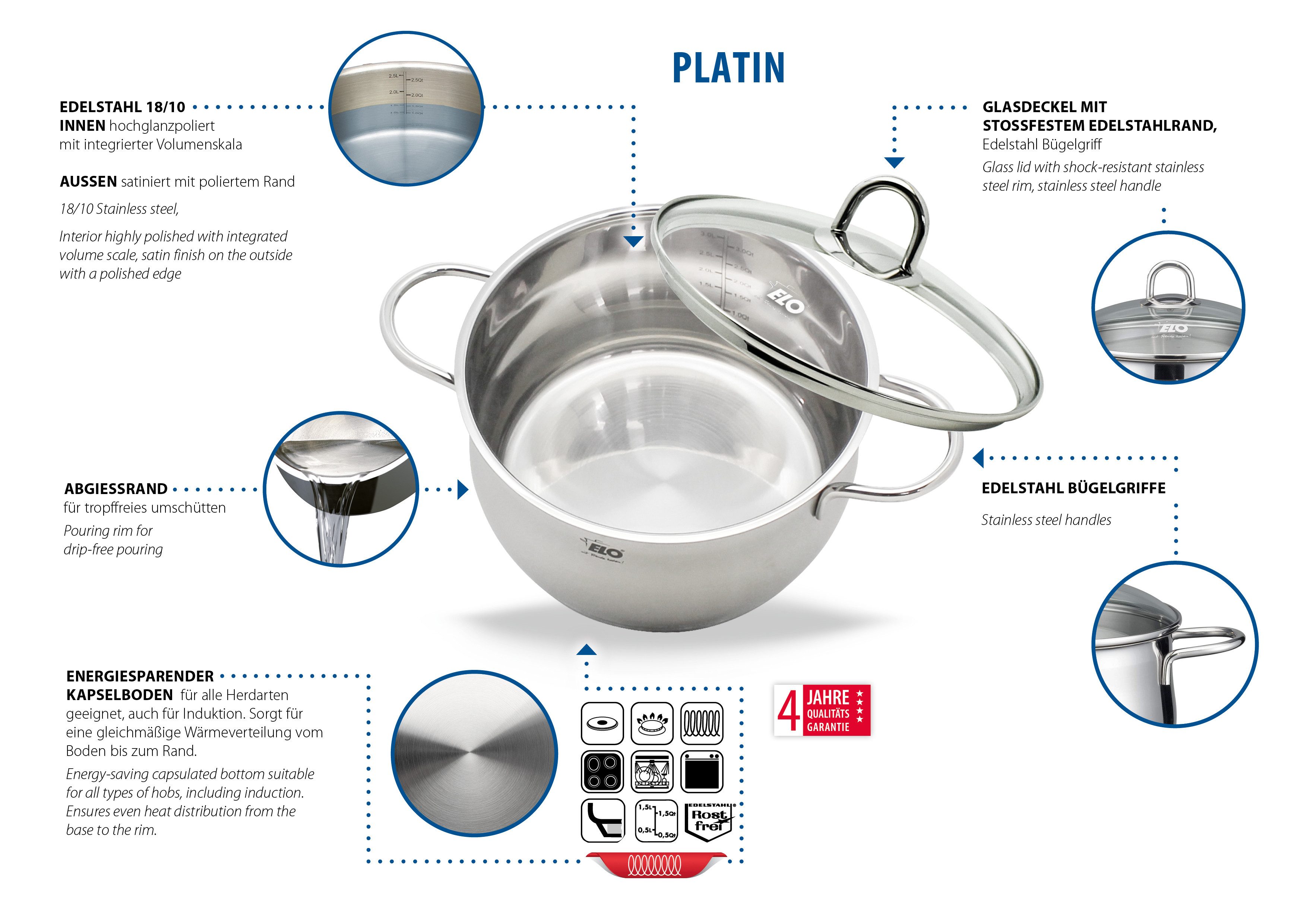 Elo Topf-Set Platin, Edelstahl 18/10 (Set, 9-tlg., 1 Bratentopf 20 cm, je 1 Fleischtopf 16/20/24 cm, 1 Kasserolle 16 cm), Induktion
