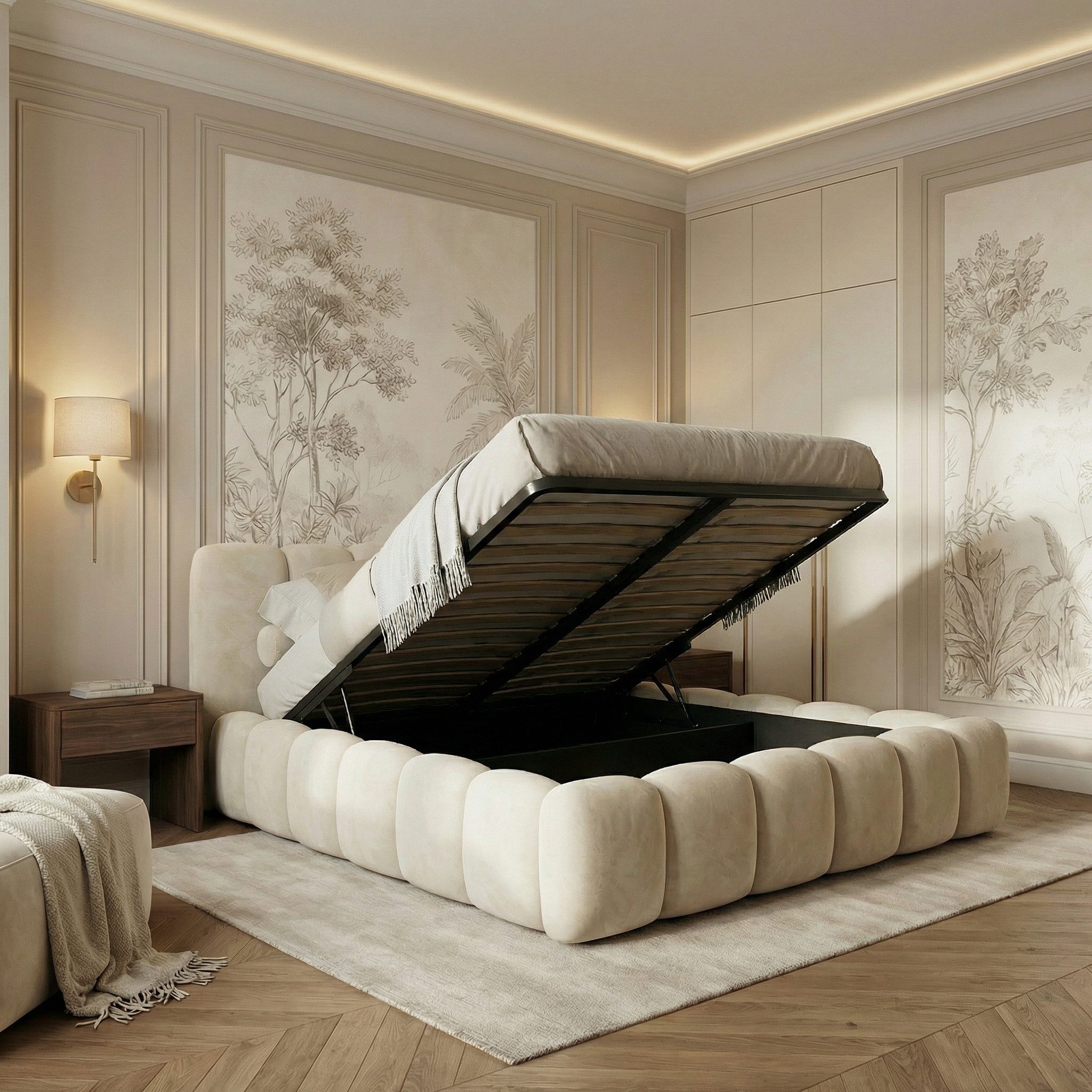 yourhouse24 Polsterbett DALLAS Slim Bubble-Design aus Samt, inkl. Bettkasten, Platzsparendes Chunky-Bett aus weichem Velours mit HDF-Boden – Bild 4 von 5