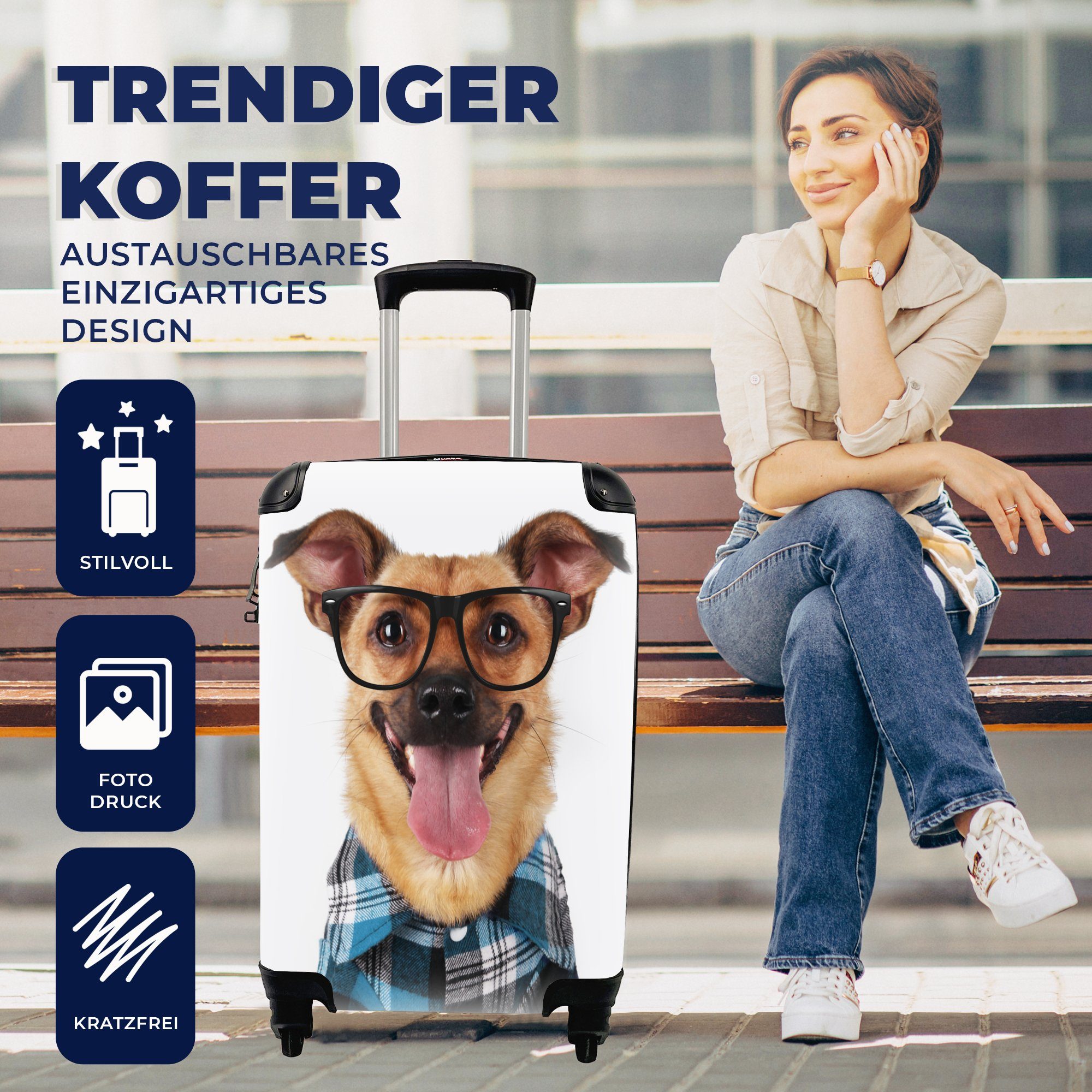 MuchoWow Handgepäckkoffer rollen, Rollen, Hipster, Trolley, Reisekoffer Brille - für Bluse mit Reisetasche 4 Ferien, - Handgepäck - Hund
