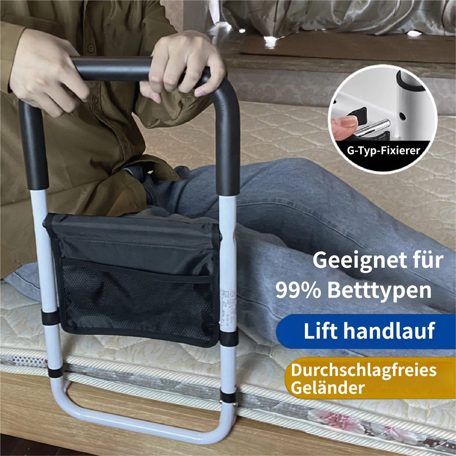 Rutaqian Bett - Aufstehhilfe Bettgitter für Senioren mit intelligentem Licht, belastbar bis 150 kg, Sicherheitsstütze zum Aufstehen, Schutz vor Stürzen