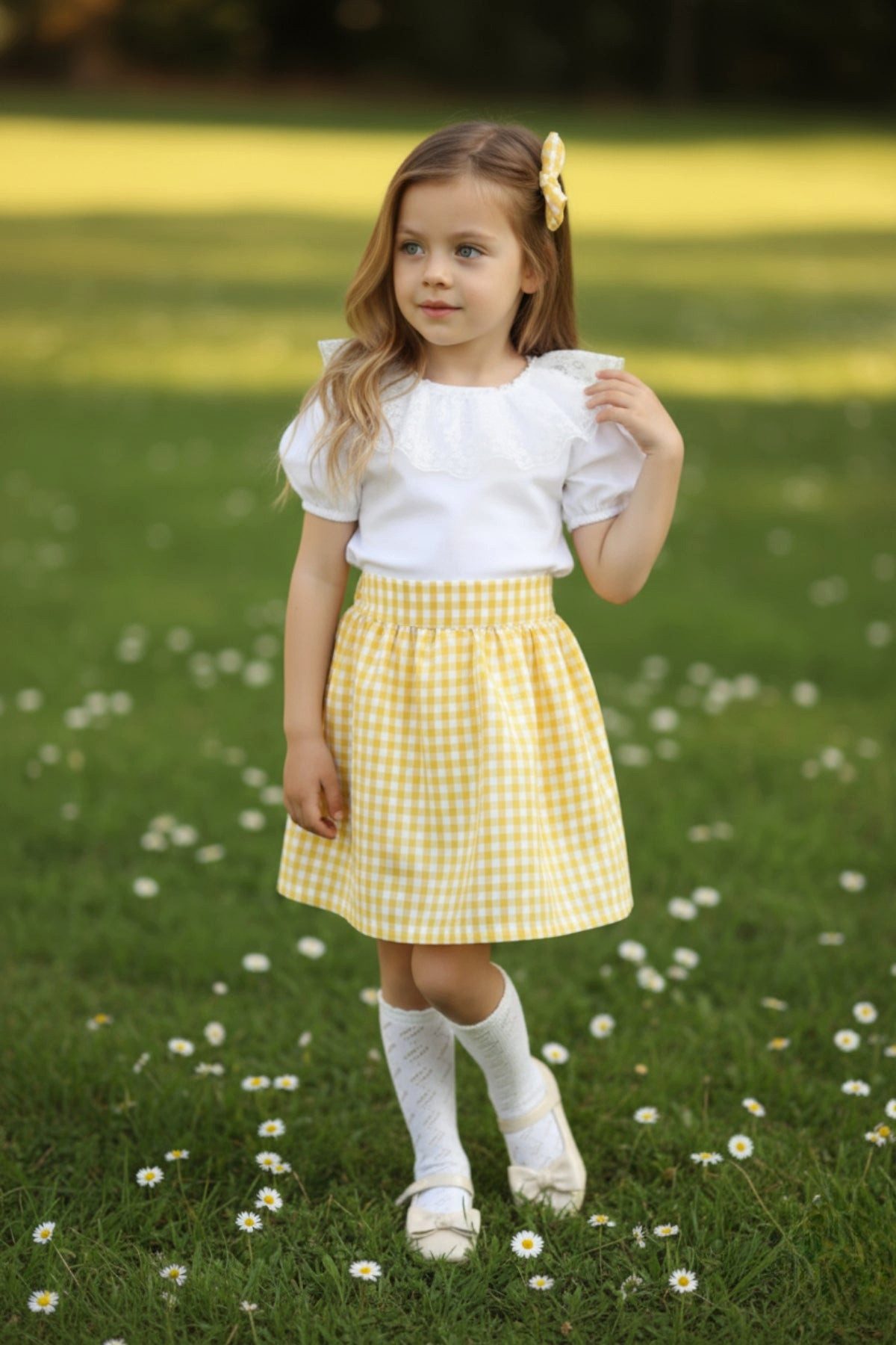 Parla Kids Shirt & Rock Set Daisy - Rock, kurzarm Bluse mit Spitze und Haarspange