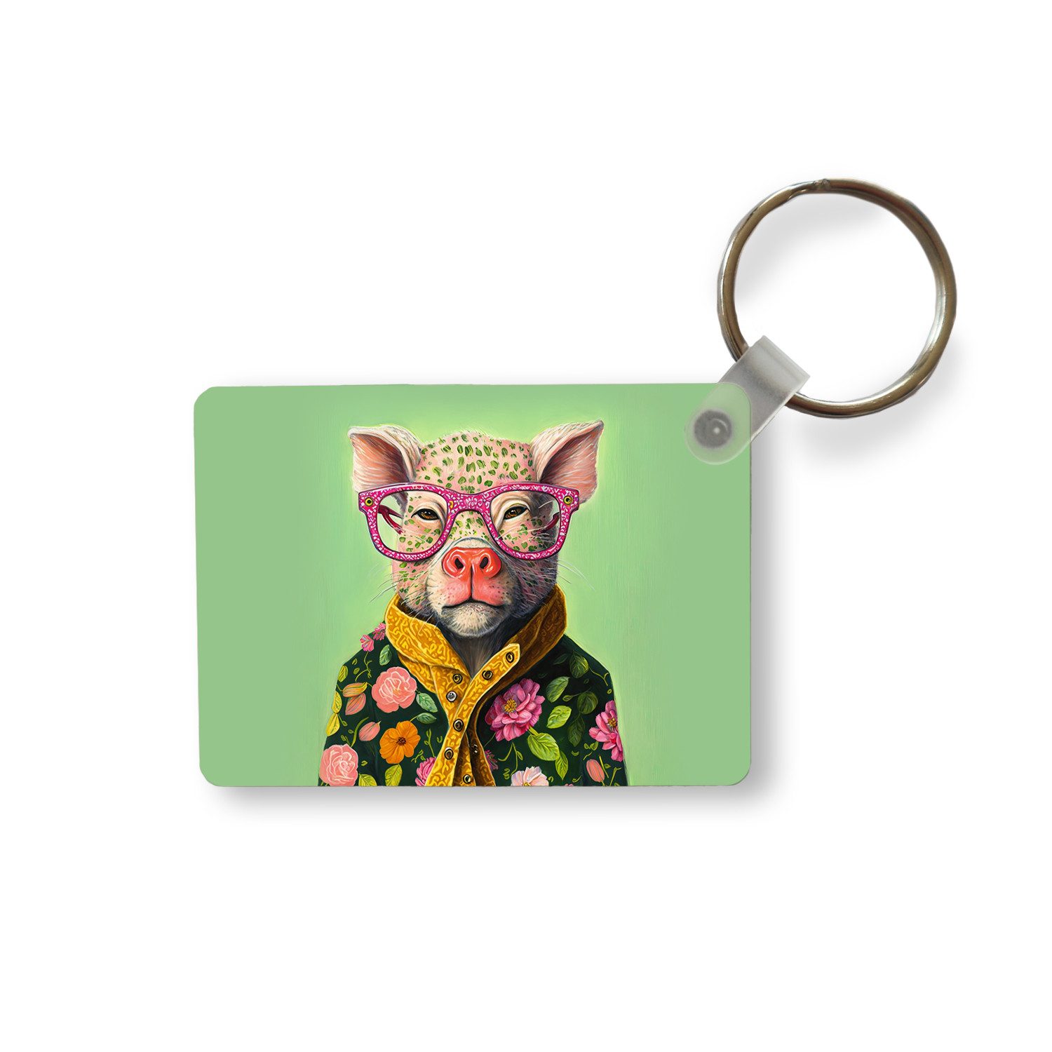 Schlüsselanhänger Brille - Rosa - Schwein - Blumen - Tier