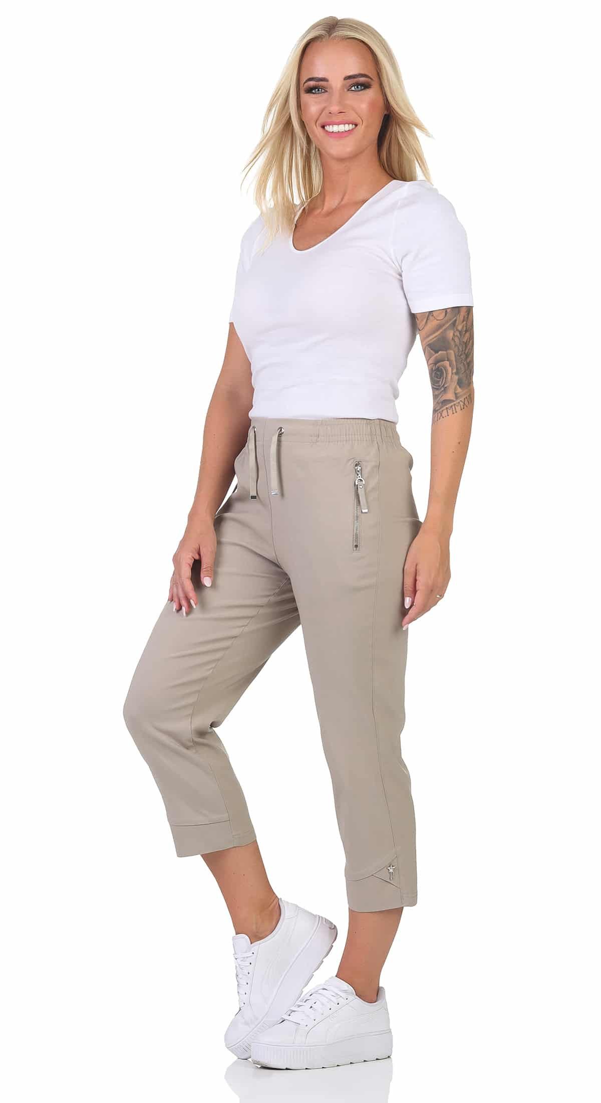Alica Collection 7/8-Hose Sommerhose Damen Caprihose 7/8 Chinohose elastischer Gummibund mit Kordelzug, Taschen mit Reißverschluss