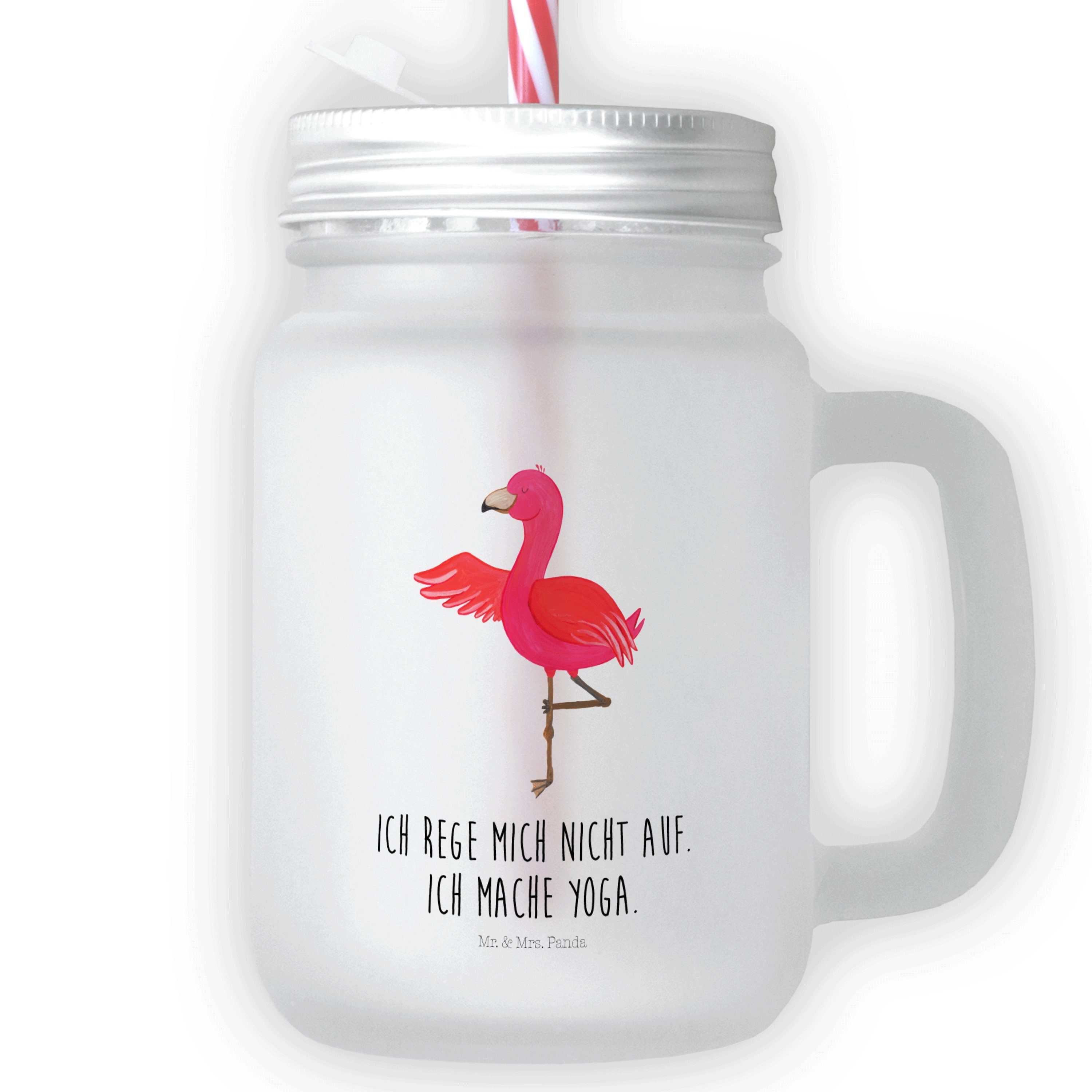 Mr. & Mrs. Panda Glas Flamingo Yoga - Transparent - Geschenk, Namaste, Mason Jar Trinkglas, Premium Glas