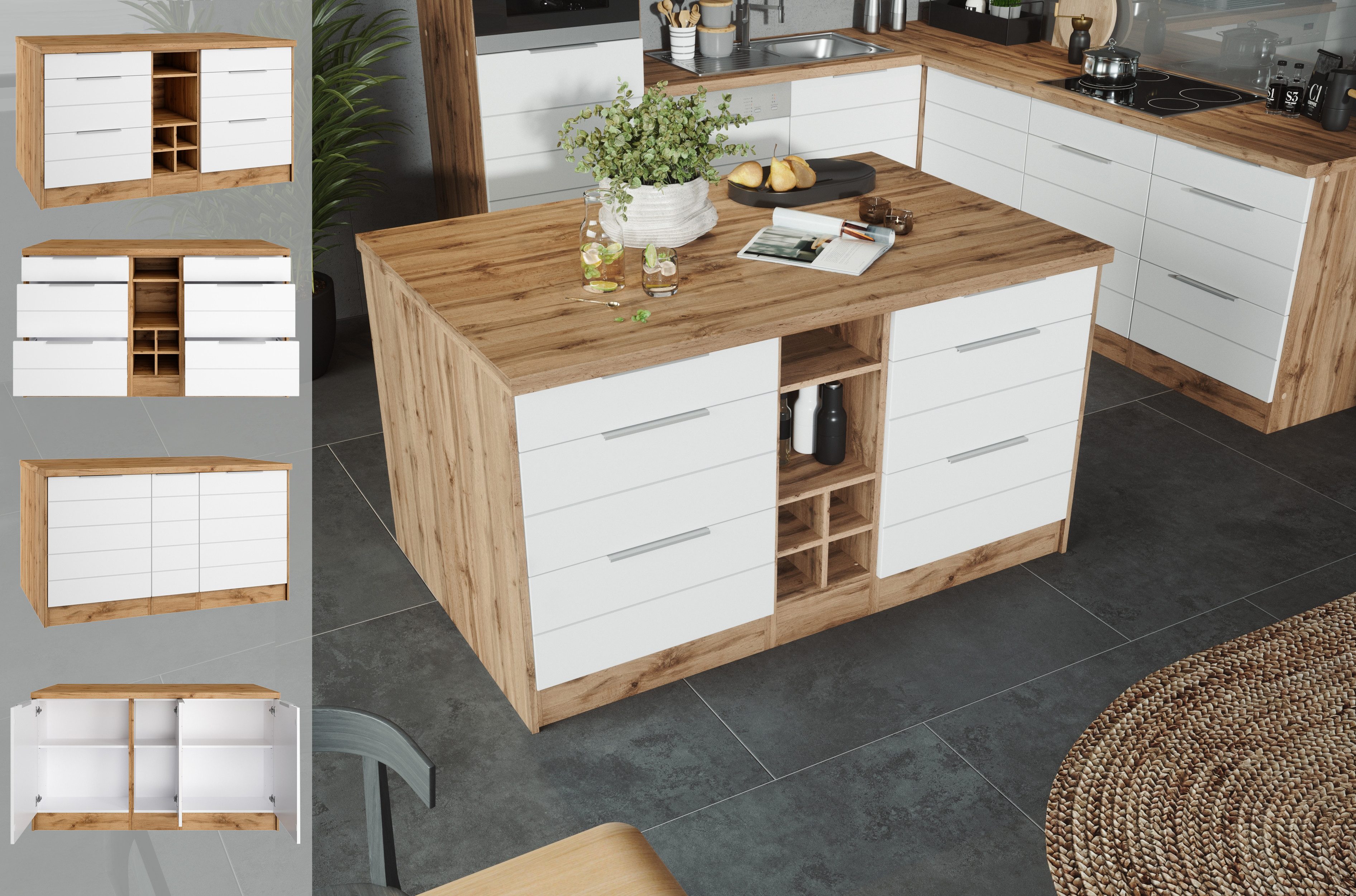 Kücheninsel KS-Luhe, Breite 153 cm, mit Flaschenregal