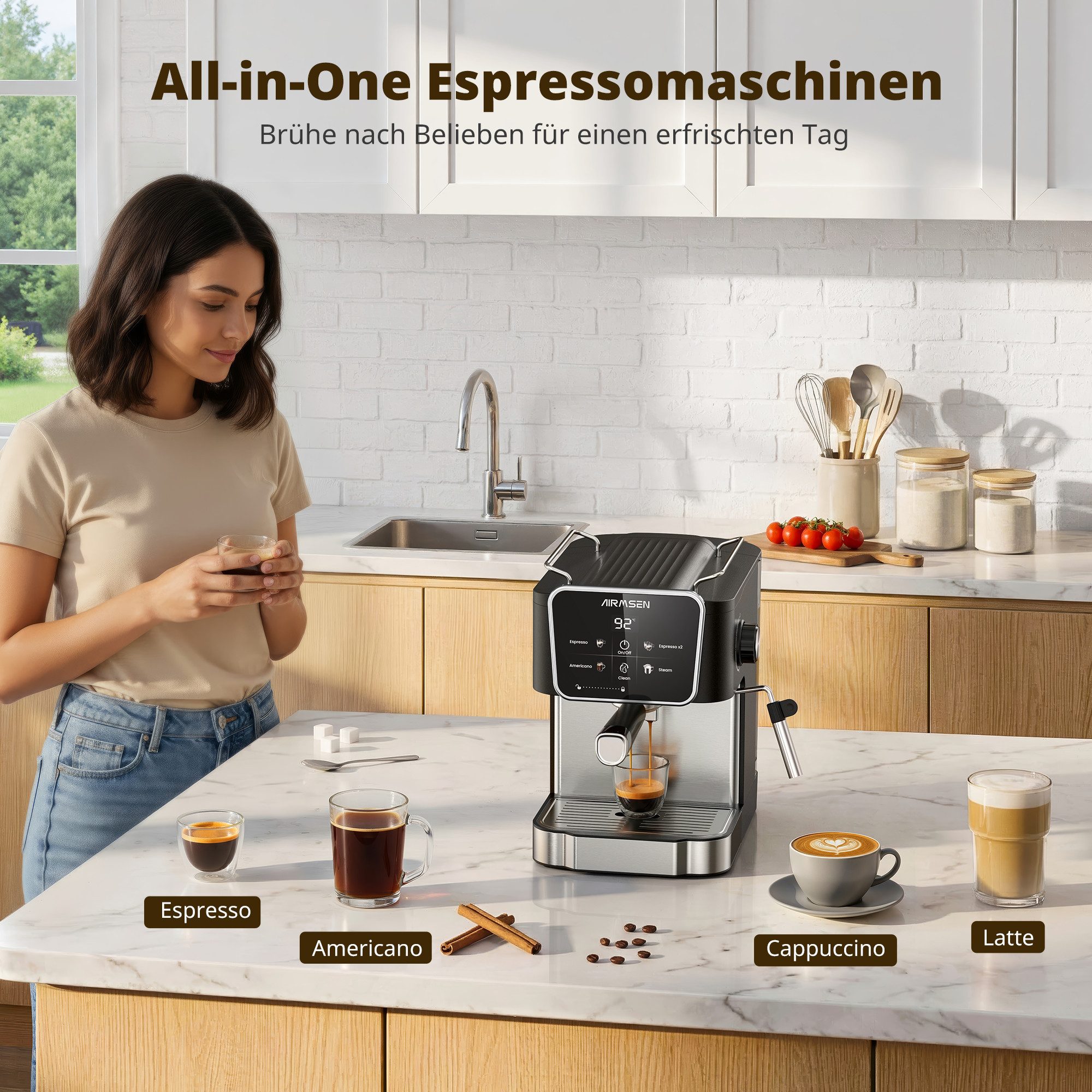 Airmsen Espressomaschine 20 Bar Siebträgermaschinen mit Milchaufschäumdüse,LCD-Touchscreen, 1.8L Wassertank, für Espresso, Cappuccino & Latte Macchiato für Zuhause