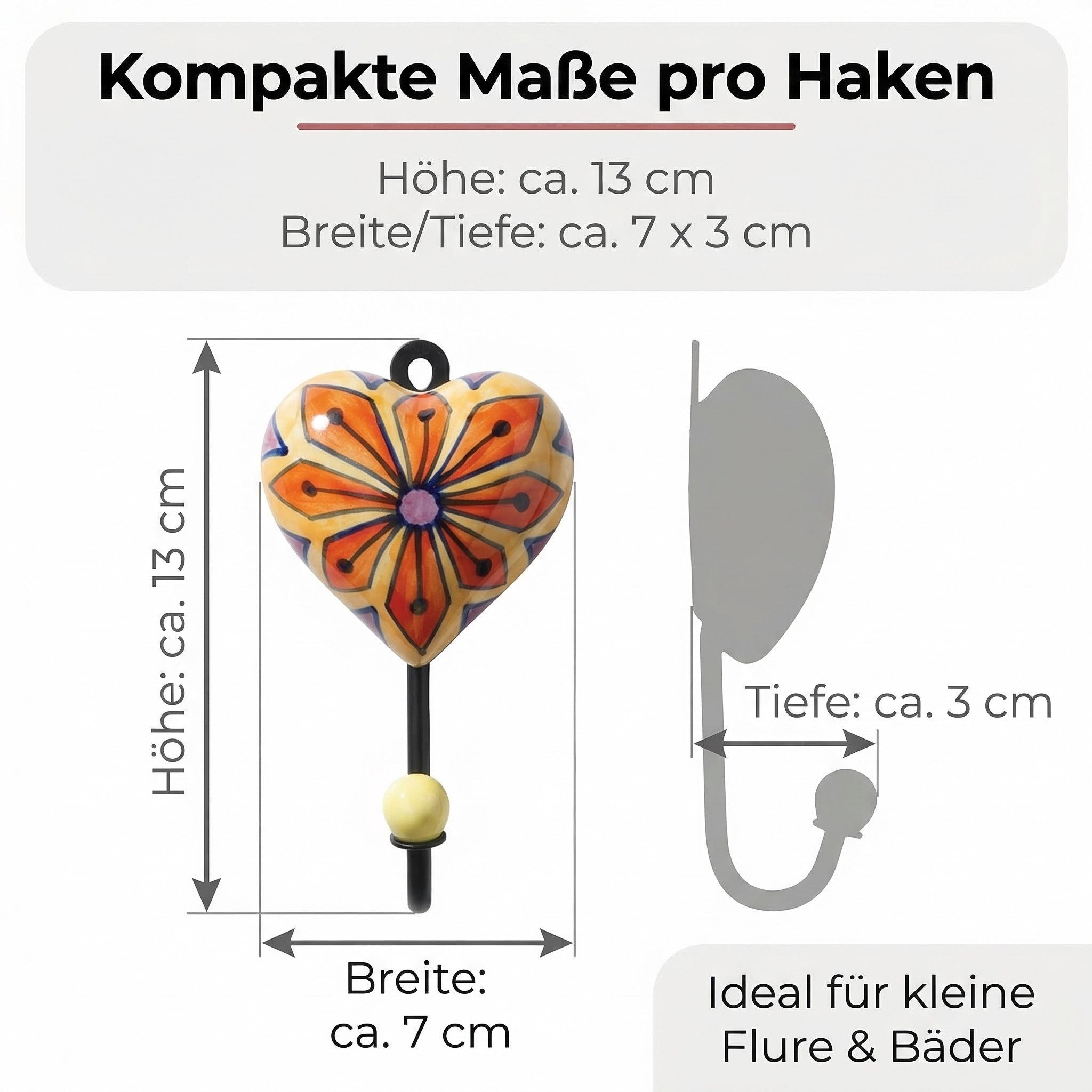 LK Trend & Style Garderobenhalter Dekorative Wandhaken Set, Herz-Design mit Blumenmuster (5 St), Keramik und Metall, lackierte Oberfläche – Bild 2 von 5