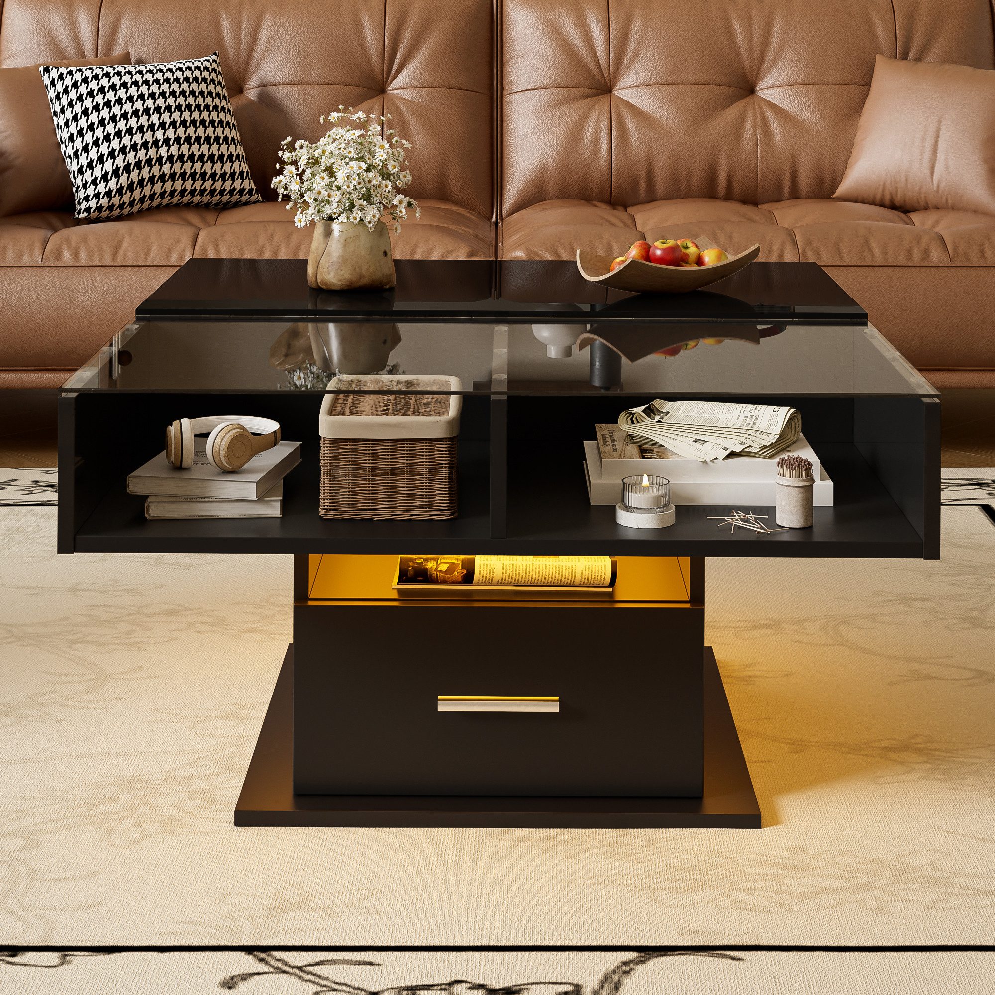 KLAM HOME Couchtisch Multifunktionaler Hochglanz-Lift-Couchtisch mit LED-Beleuchtung (verstellbarer Höhe & flexiblem Stauraum), modernes Design für Wohnzimmer,  – Bild 5 von 5