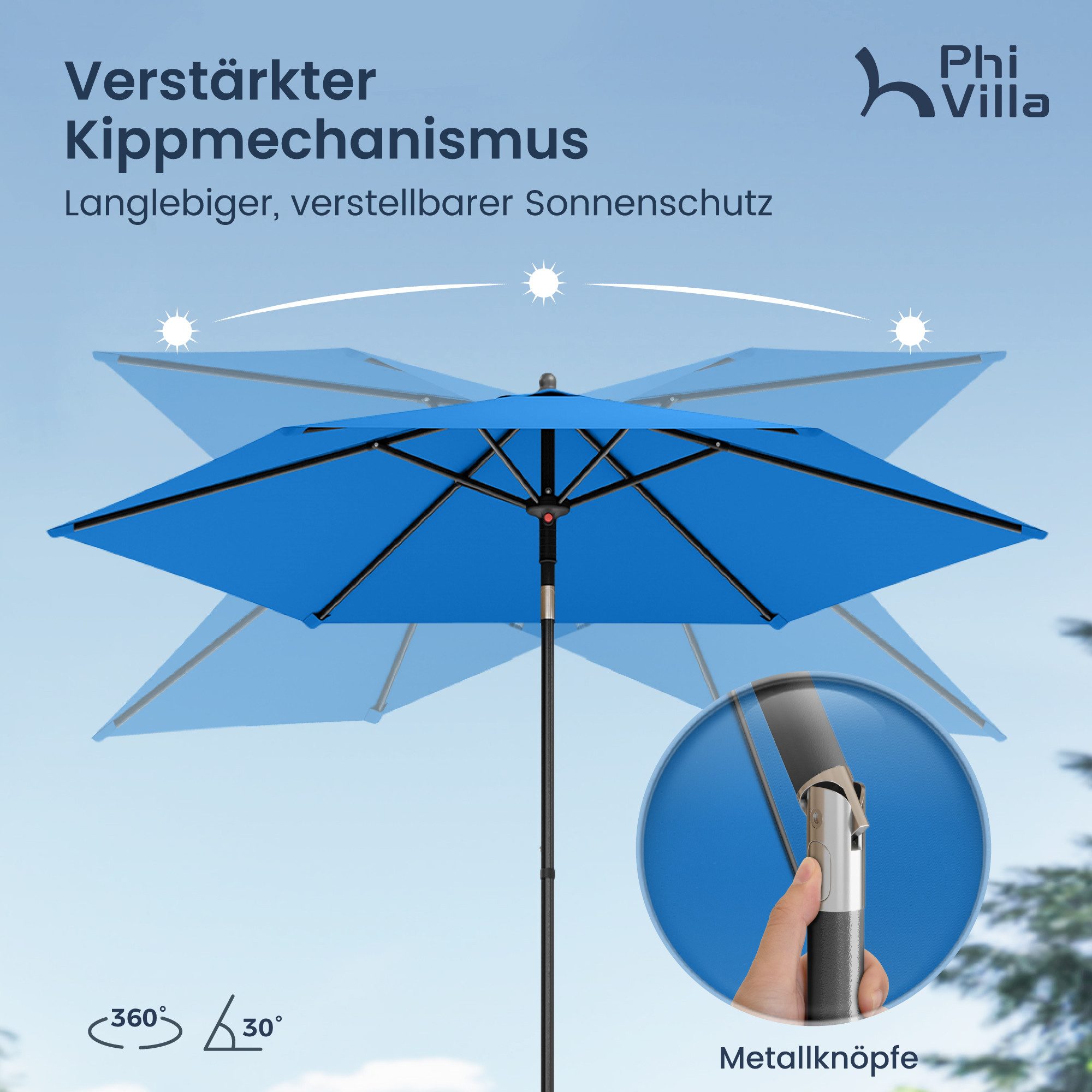 PHI VILLA Sonnenschirm, LxB: 230x220 cm, Gartenschirm UV50+ Schutz für Balkon Terrasse Balkongeländer Tisch, Regenschirm Rund mit Klemme Kippbar Windfest Stabil zum Mitnehmen