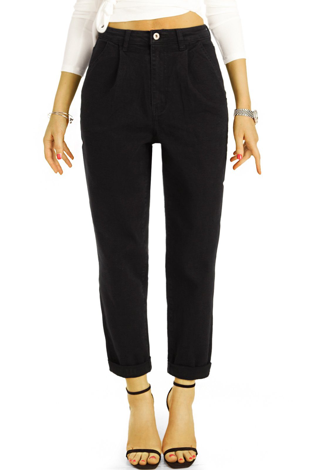 Waist - Stretch-Anteil schwarz Jeans Mom-Jeans waist j24g-4 Mom styled Hose - 5-Pocket-Style, be mit Damen High Medium