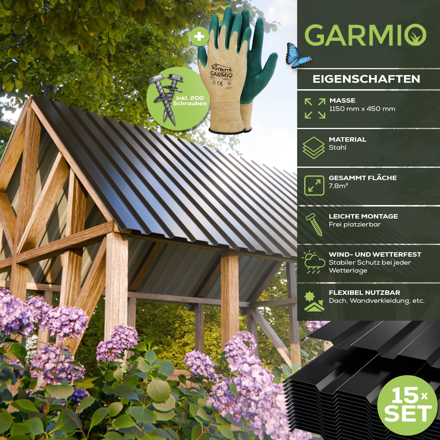 GARMIO Trapezblech Trapezblech 15er Set, Dachplatten 0,25mm, (Wellblechplatten aus verzinktem Stahl inkl. Schrauben) Profilblech schwarz 115x45 cm, 7,8 m²