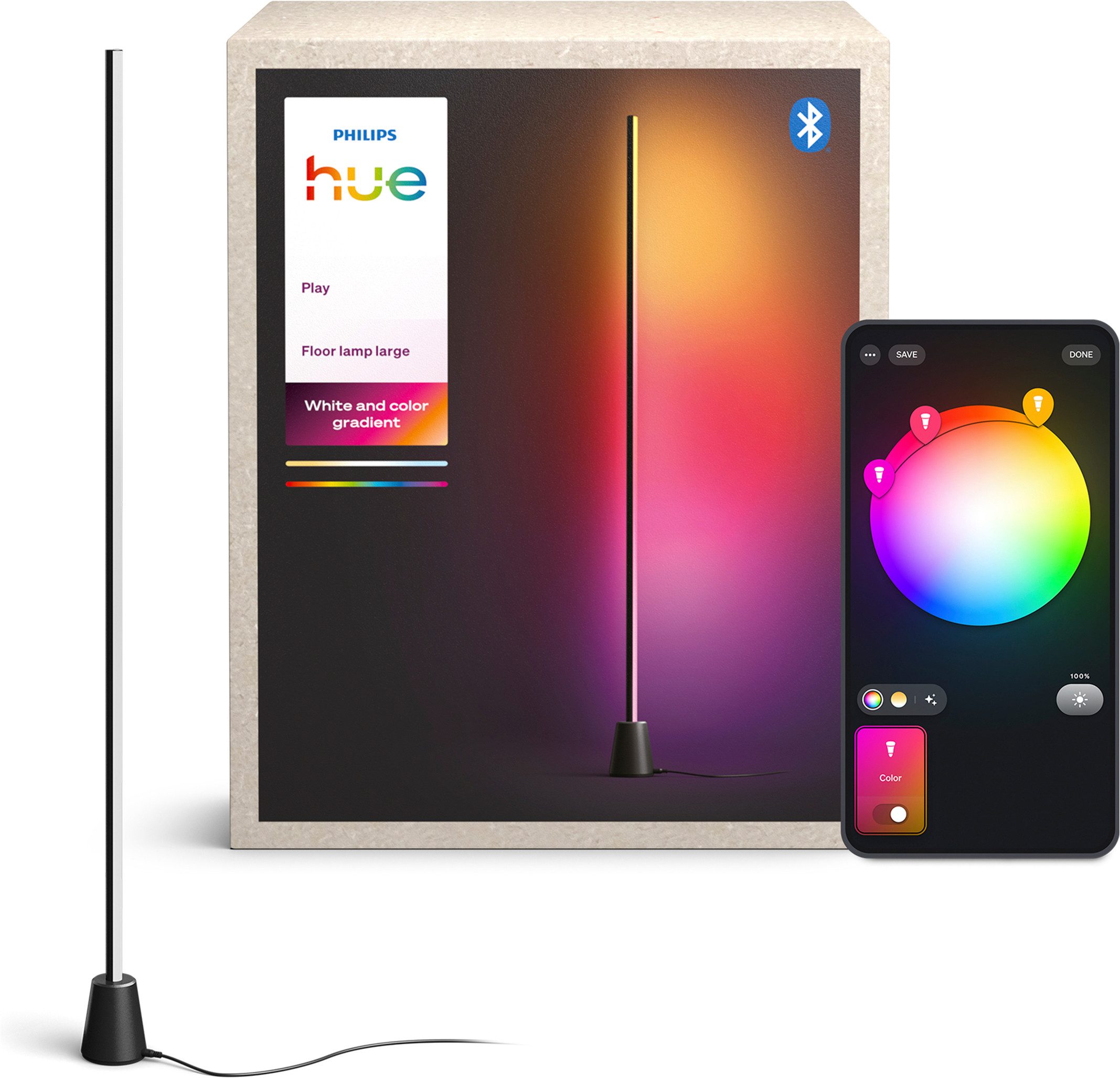 Philips Hue LED Stehlampe Play Stehleuchte, 135 cm, RGBW, Weiß & Farbverläufe, smartes Licht, Abschaltautomatik, Bluetooth, CCT - über Fernbedienung, Dimmer, Dimmfunktion, Farbsteuerung, Farbwechsel, Leuchtdauer einstellbar, Memoryfunktion, Nachtlichtfunktion, RGB, Smart Home, Timerfunktion, Weckerfunktion, dimmbar über Fernbedienung, getrennt schaltbar, mehrere Helligkeitsstufen, LED fest integriert, RGB, App‑ & Sprachsteuerung (TV‑Sync mit Hue Bridge & Sync Box)