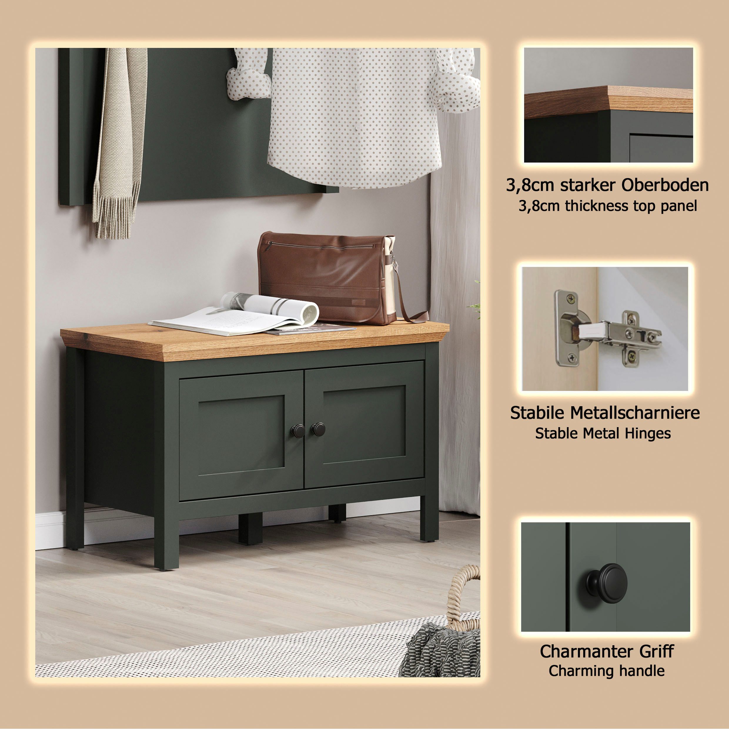 Home affaire Schuhbank Vienna (1-St), Sitzbank mit 2 Türen & Stauraum - (B/T/H) 77/39/48 cm