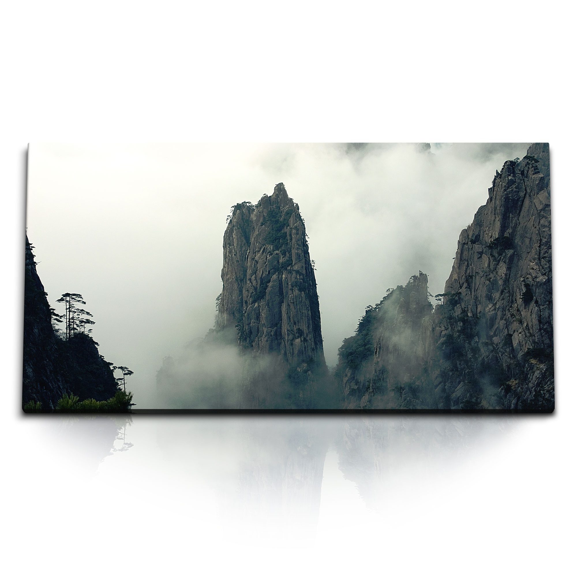 Sinus Art Leinwandbild Kunstdruck Bilder 120x60cm Huang Shan Berg in China Felsen Natur Nebel, (1 St)