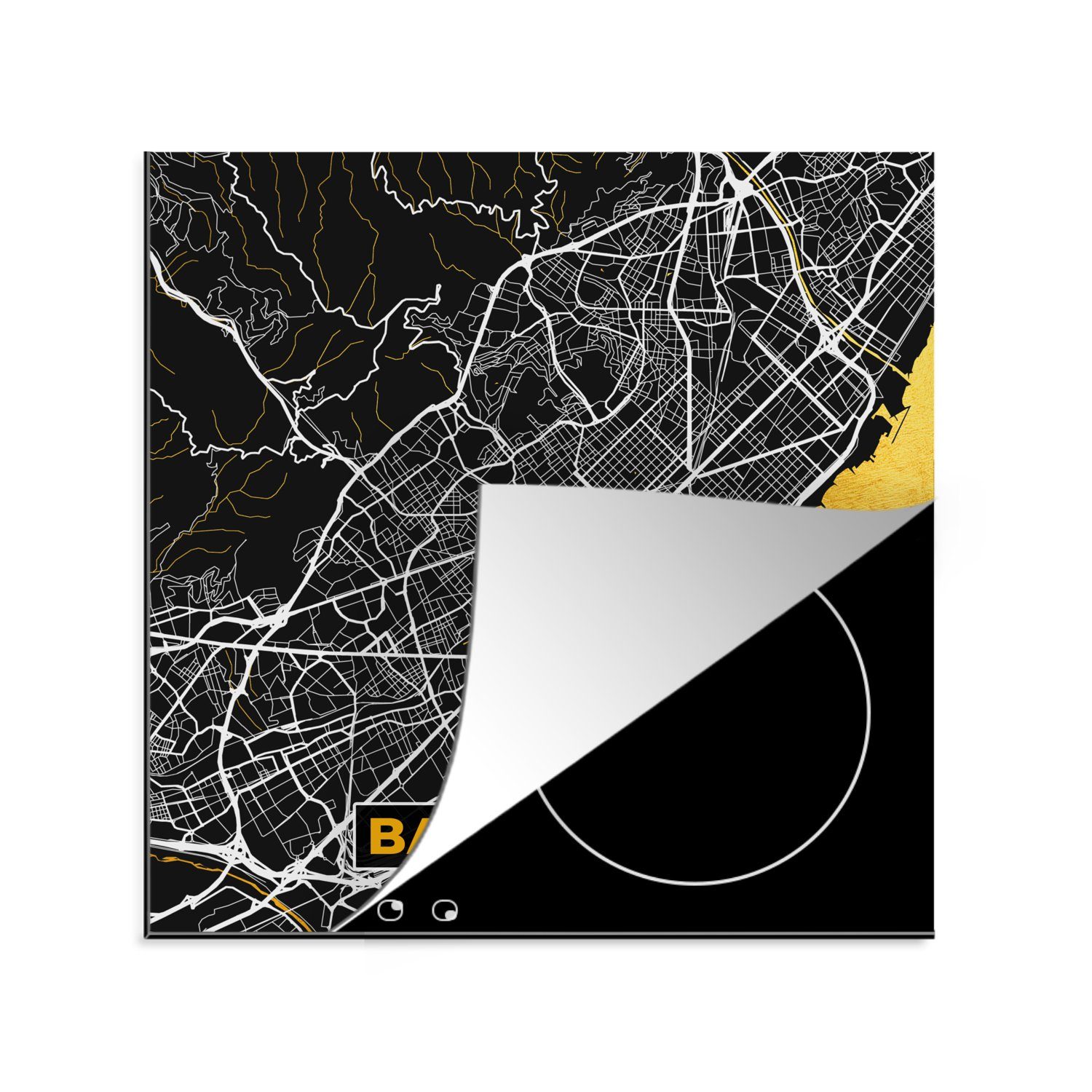 MuchoWow Herdblende-/Abdeckplatte Barcelona - küche Karte für - Gold, Vinyl, - Ceranfeldabdeckung, Arbeitsplatte tlg), (1 78x78 Stadtplan cm