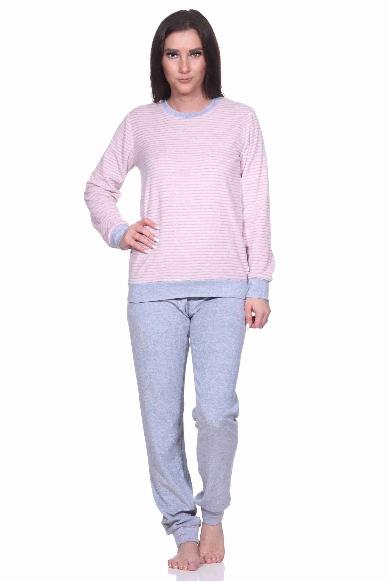 Normann Pyjama Damen Frottee Pyjama langarm mit Bündchen in Streifenoptik Ringel klein rosa
