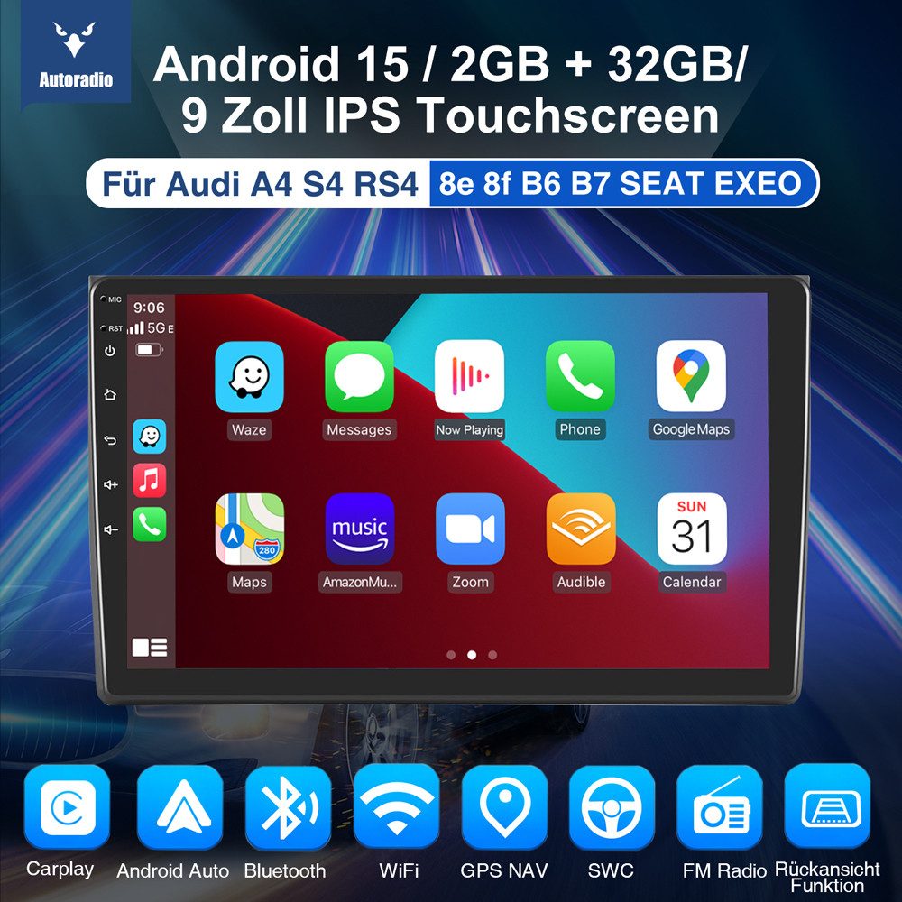 ESSGOO Für Audi A4 S4 RS4 B6 B7 SEAT EXEO CarPlay 4+64G Autoradio Android 15 Autoradio (4+64GB, FM, GPS NAVI SWC RDS)