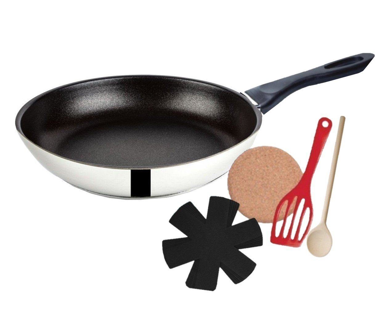 KESSMANN Bratpfanne Edelstahl Pfanne 28 cm 5tlg Induktion Bratpfanne für  alle Herdarten, Edelstahl (Set, 5-tlg., Inkl 1 Pfannenschutz + 1  Pfannenwender + 1 Untersetzer + 1 Holzlöffel), Bratpfannenset  Induktionsherd Kochpfanne Pfannenset Tiegel Antihaft