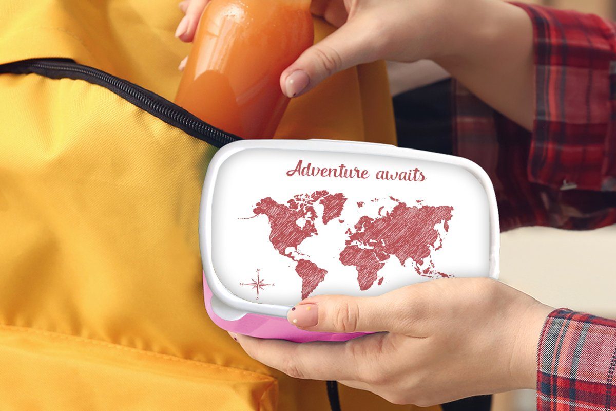 MuchoWow Rot Snackbox, rosa Erwachsene, für Zitat, Kunststoff, - Kinder, - Brotdose Lunchbox (2-tlg), Brotbox Mädchen, Weltkarte Kunststoff