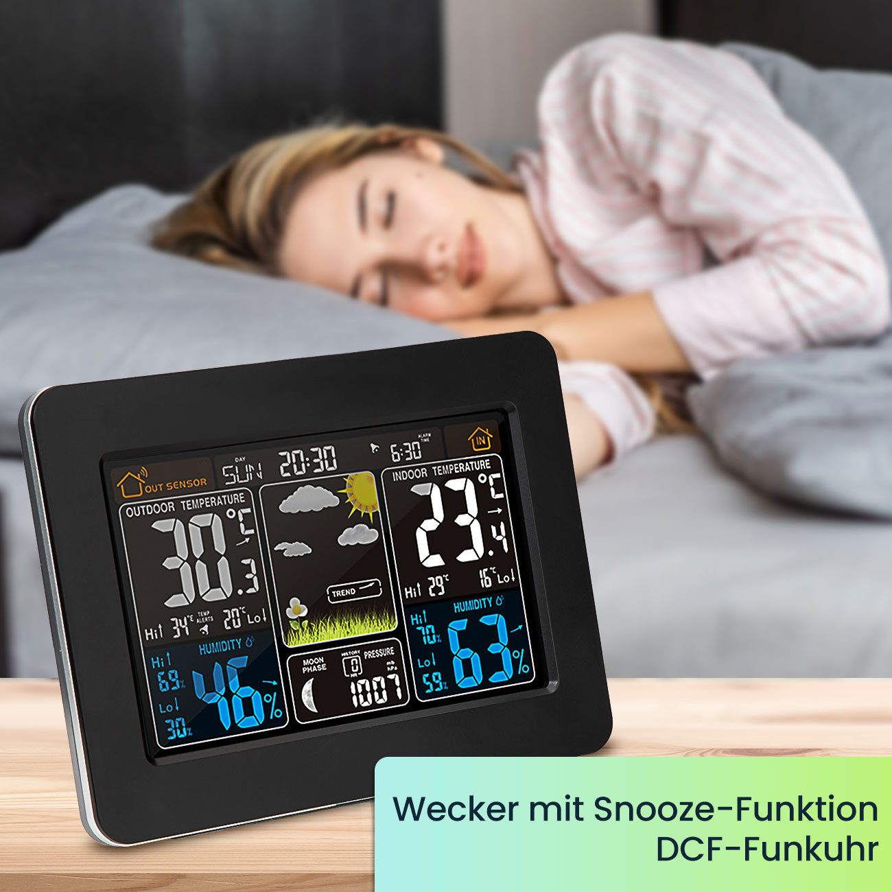 Casativo Funk-Wetterstation mit Farbdisplay Barometer Sensor DCF-Uhr & Wecke Funkwetterstation (Thermometer, Barometer, Hygrometer, Wecker & 60m Außensensor)
