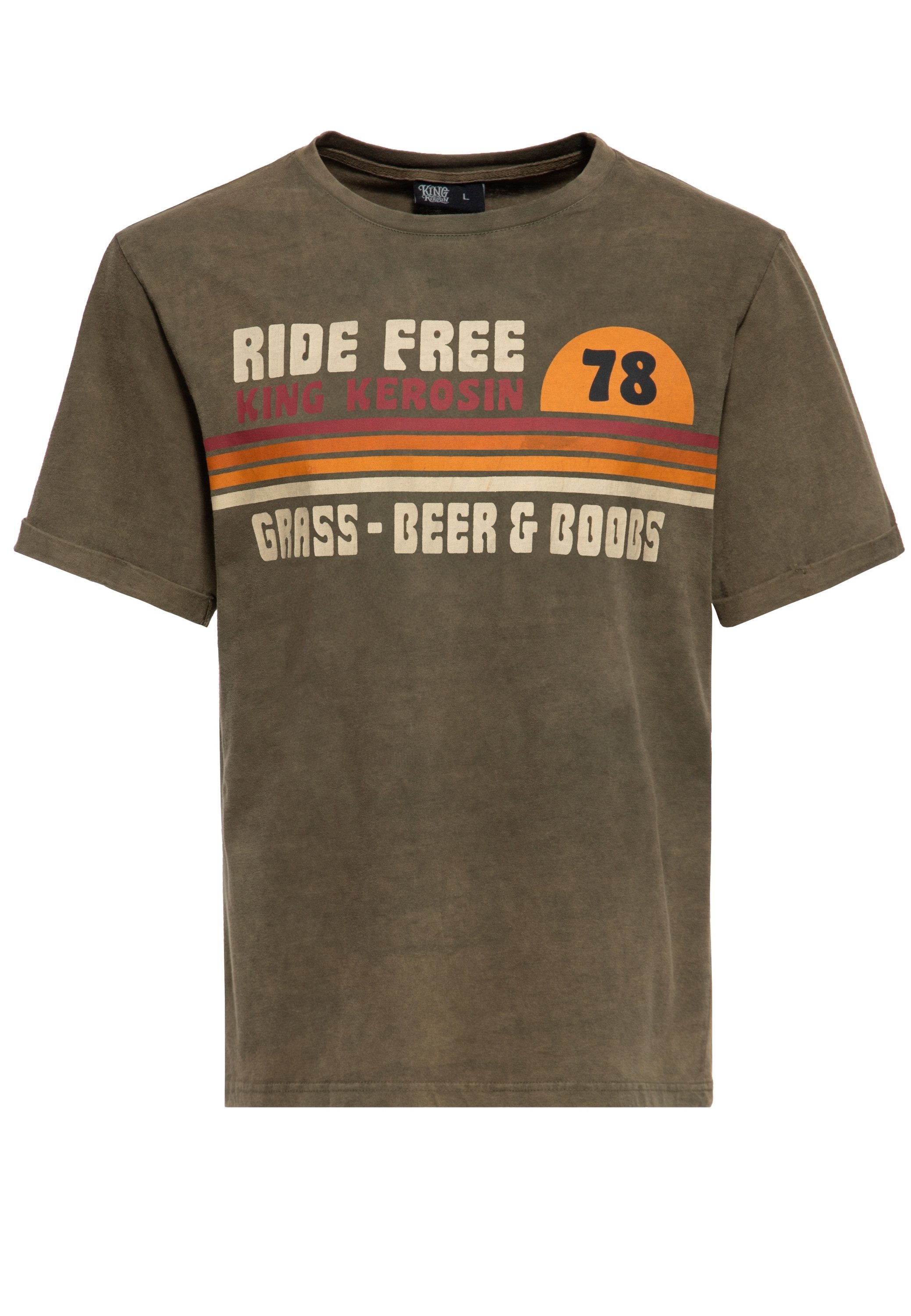 KingKerosin Print-Shirt Grass, Beer & Boobs (1-tlg) Acid Washed