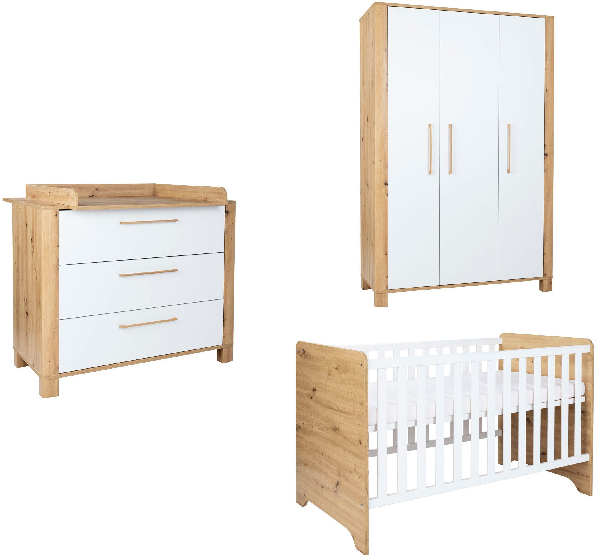 arthur berndt Babyzimmer-Komplettset Babyzimmer Set »Marlon« 3-teilig, (Set, 3-tlg., Kleiderschrank, Kinderbett und Wickelkommode)