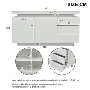 BlingBin Sideboard Modern Wohnzimmer Standschrank Kommode Anrichte Breite 140cm (2 Türen 3 Schubladen, mit LED Licht), mit Push-to-Open-Mechanismus