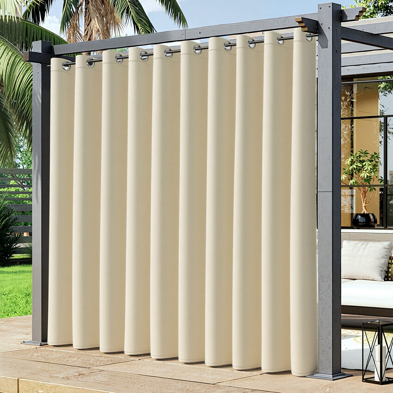 Clanmacy Outdoorvorhang Outdoor Vorhang Wetterfest mit Ösen Oben Gardinen Veranda Beige