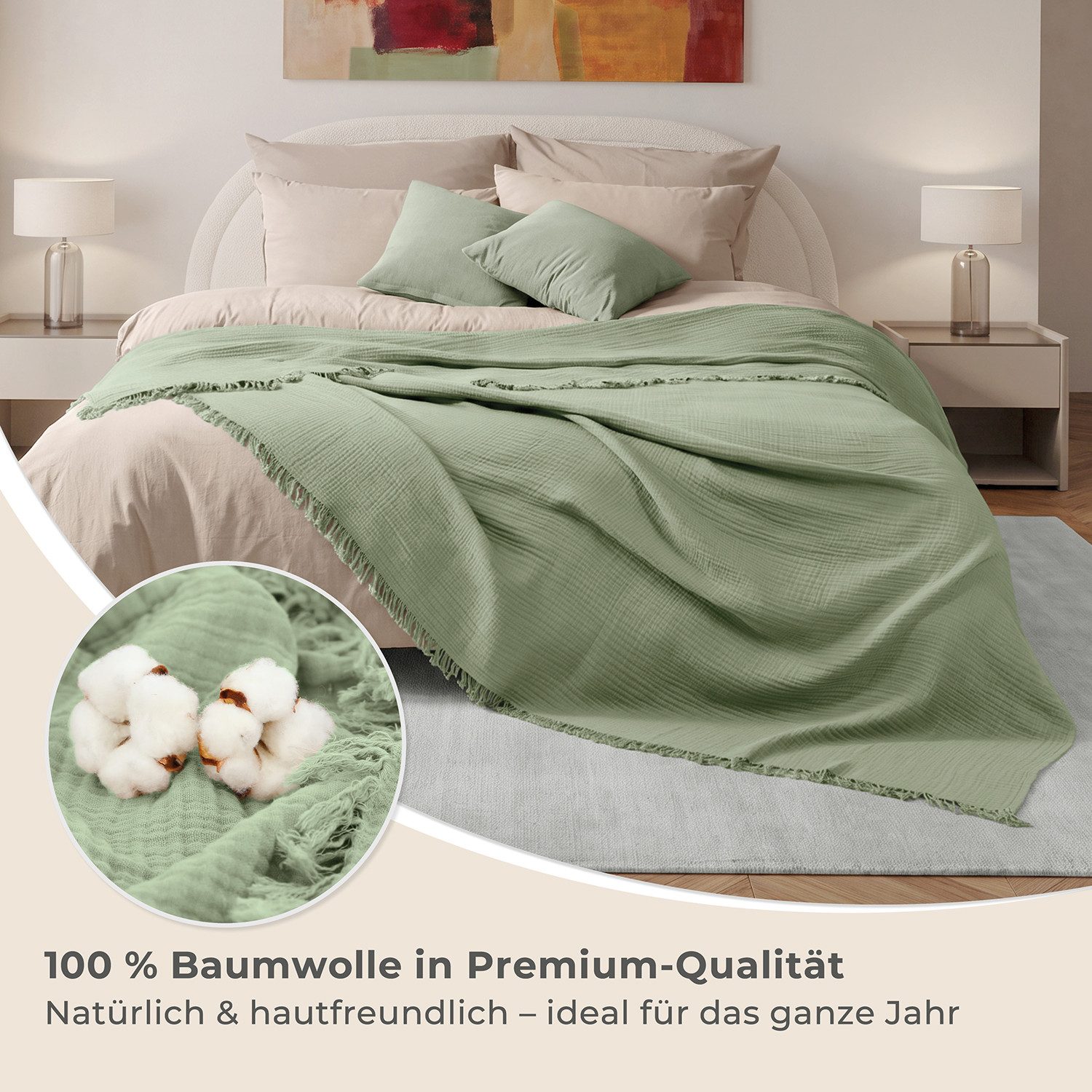 Laynenburg Tagesdecke Musselin mit Fransen aus 100% Baumwolle – Baumwolldecke, Wohndecke als Sommerdecke, Bett-Überwurf, Sofa-Decke, Kuscheldecke – Bild 5 von 5
