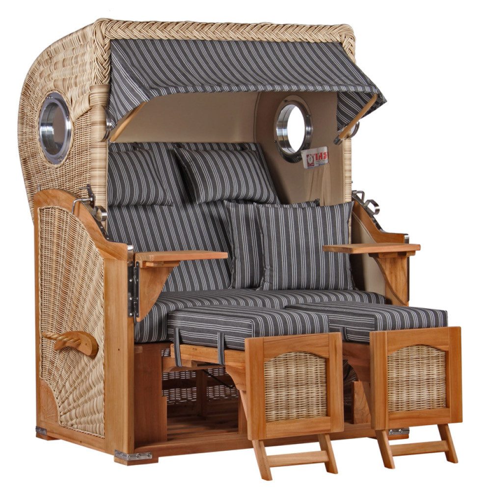 MR.DEKO Strandkorb Düne Bullauge Teak PE Shell Dessin 500, Ostsee-Strandkorb, Bullaugen, 2-Sitzer, komplett montiert, Volllieger, 2 Schwenktische