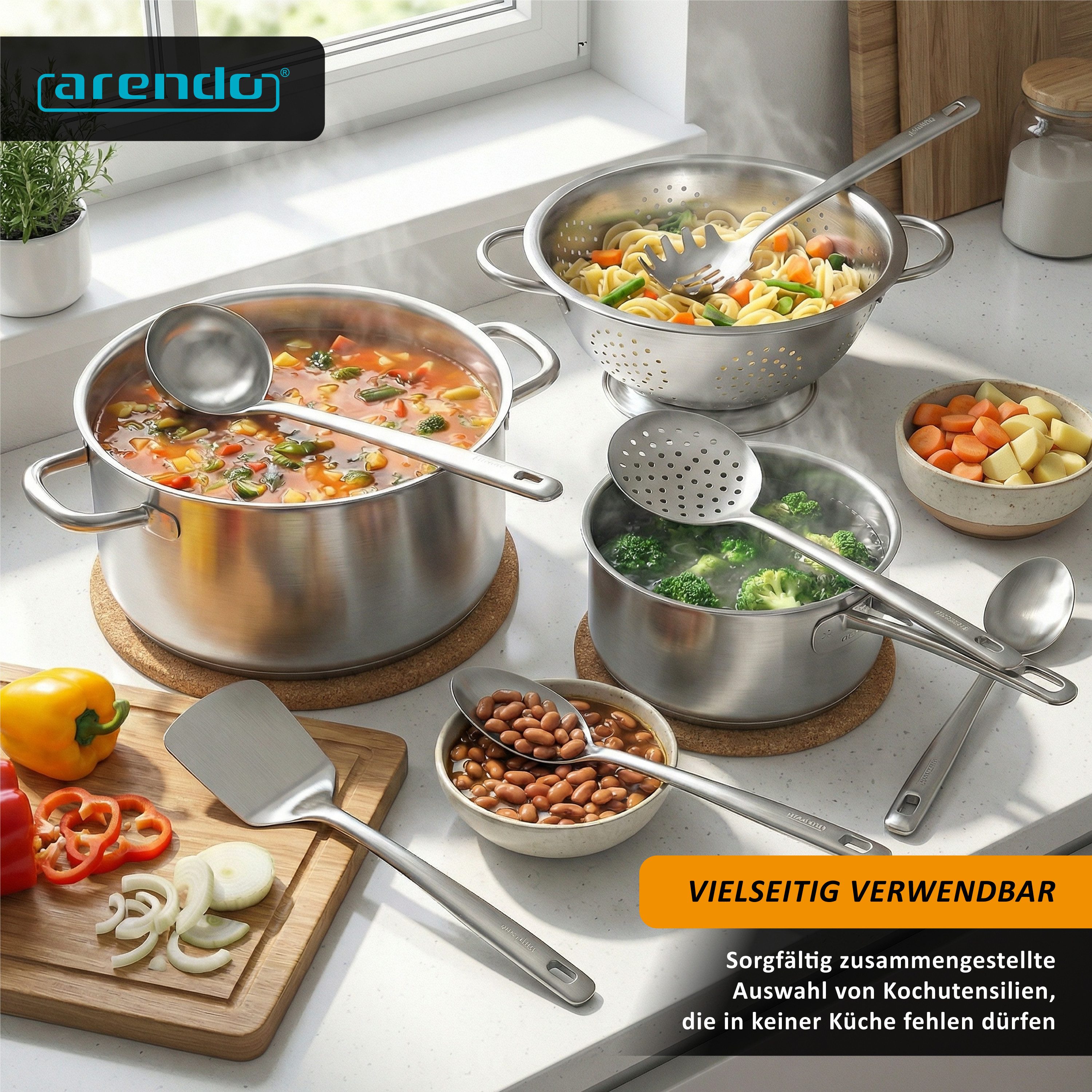 Arendo Kochbesteck-Set Küchenhelfer 6er Set, spülmaschinenfest, Edelstahl, hygienisch (Set, 6-tlg), hitzebeständig, rostfrei, nahtlos, spülmaschinengeeignet, Aufhängeöse